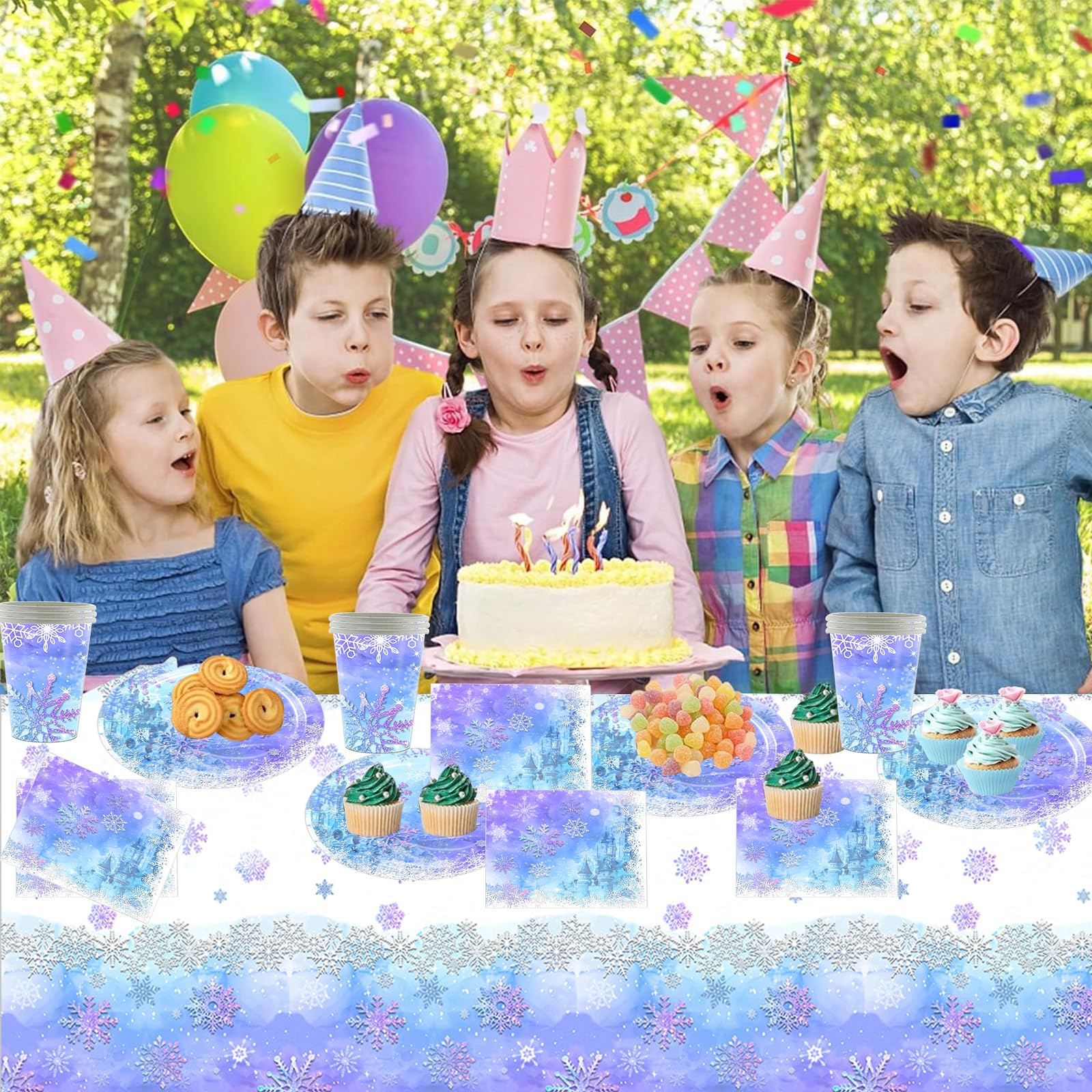Frozen Stoviglie per feste, 61 pezzi Fiocchi di neve Stoviglie per compleanni per bambini, Tema neve e ghiaccio Set di piatti di carta per feste, Compresi bicchieri, tovaglioli e tovaglie