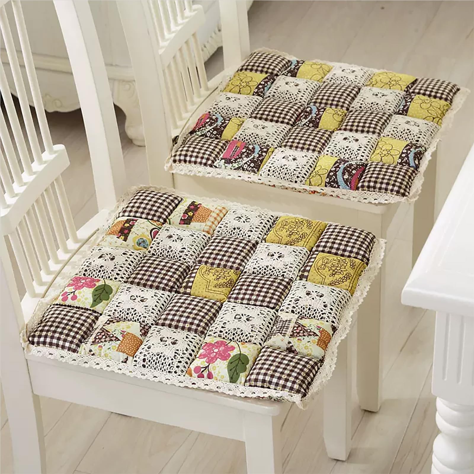 Patchwork Poduszka na krzesło z kokardkami, kwadratowa koronkowa poduszka do siedzenia, antypoślizgowa poduszka do siedzenia, nadruk wiejski na krzesło do kuchni, krzesła do jadalni, do użytku