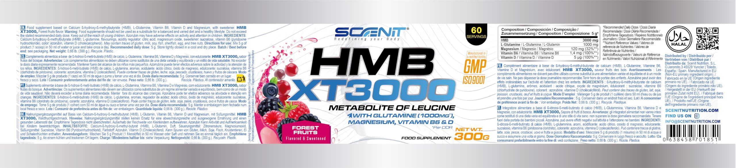 HMB XT 3000-3000 mg de HMB poudre avec saveur - Avec Glutamine, Magnésium, Vitamine B6 et Vitamine D - Saveur fruits des bois (300 g, 60 portions)