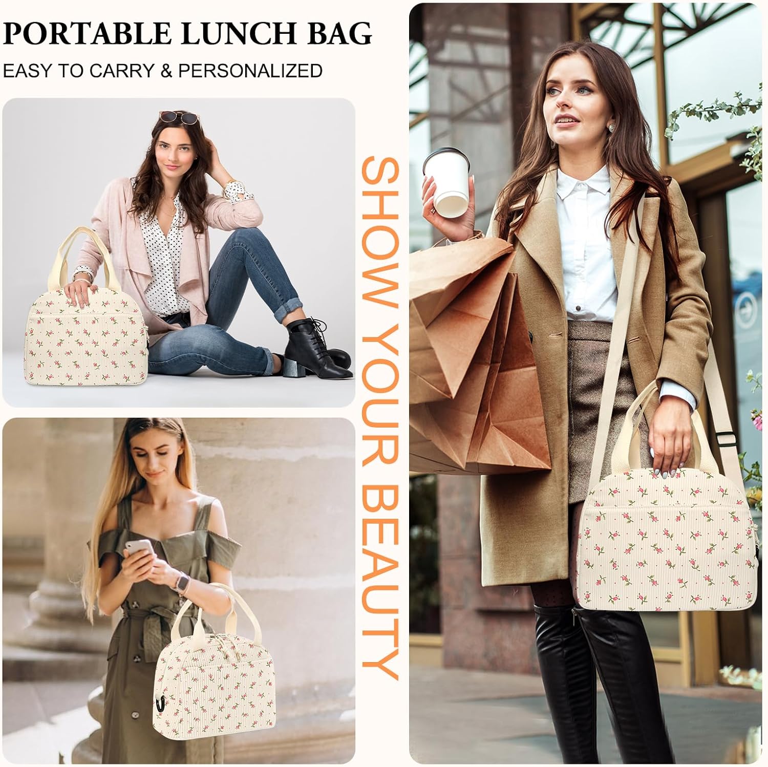 Lunch Box for Women,Floral Lunch Bag Cute Corduroy Insulated Lunch Box With Shoulder Strap for Adult Womens for Work Picnic (small floral) - Image 7