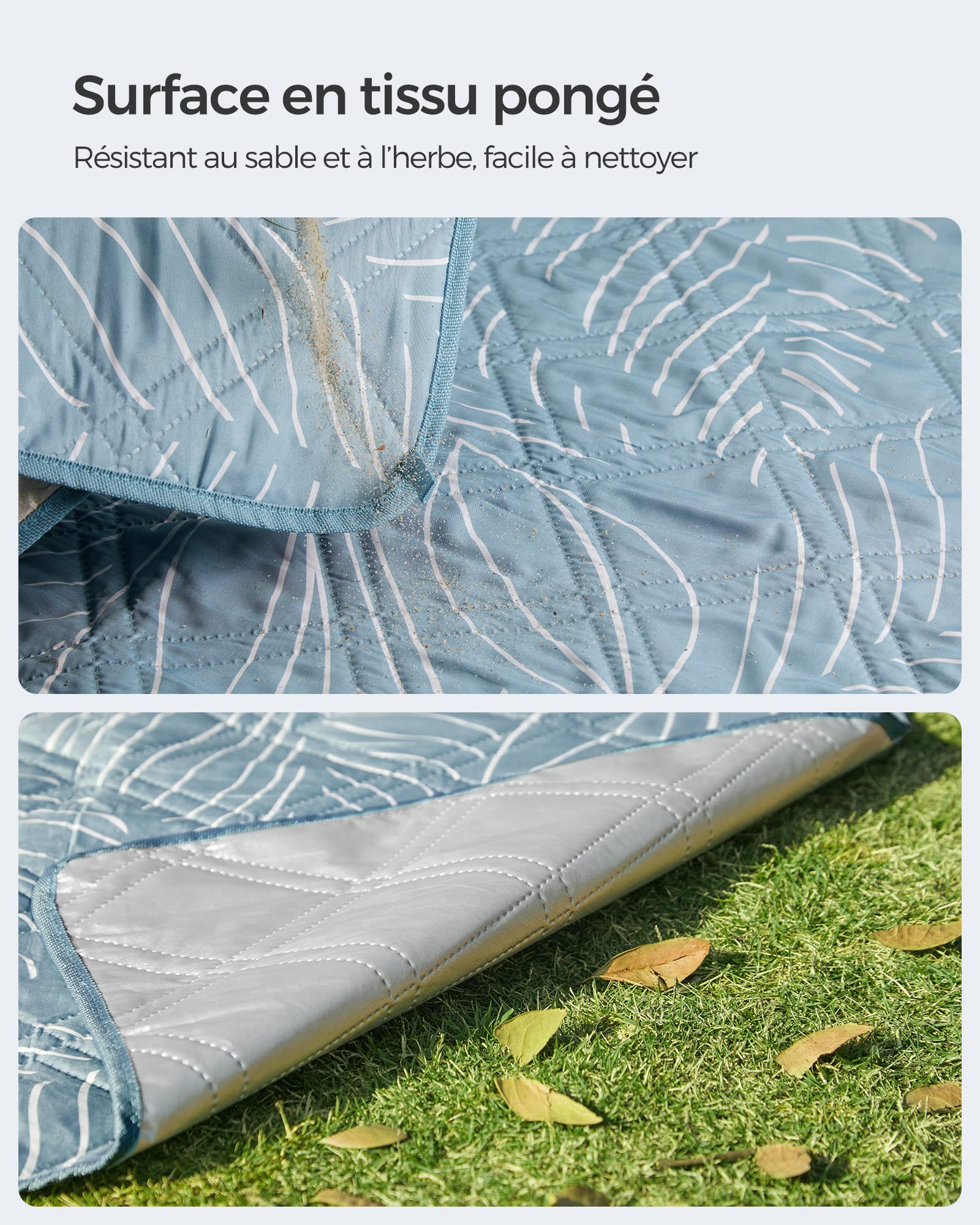 SONGMICS Couverture de Pique-Nique, 200 x 200 cm, avec 4 Piquets de Sol, Grand Tapis, pour Camping, Parc, Jardin, Plage, Hydrofuge, Lavable en Machine, Pliable, Motif Feuilles et Bleu Clair GCM010Q02