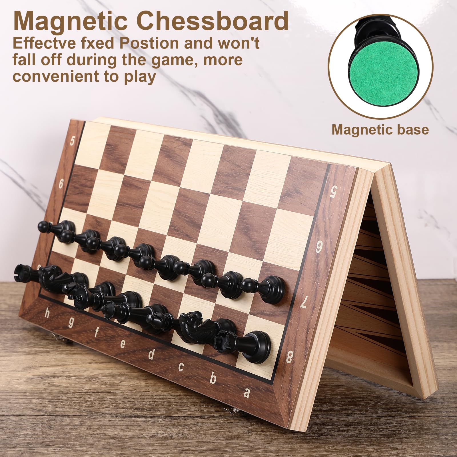 Mkitnvy Scacchiera Magnetica, 3 in 1 Scacchiera in Legno, Gioco da Scacchi Backgammon Dama, Portatili e Pieghevole Scacchi da Viaggio per Adulti Bambini All'aperto Festa - 39x39cm, CX-GJXQ-39