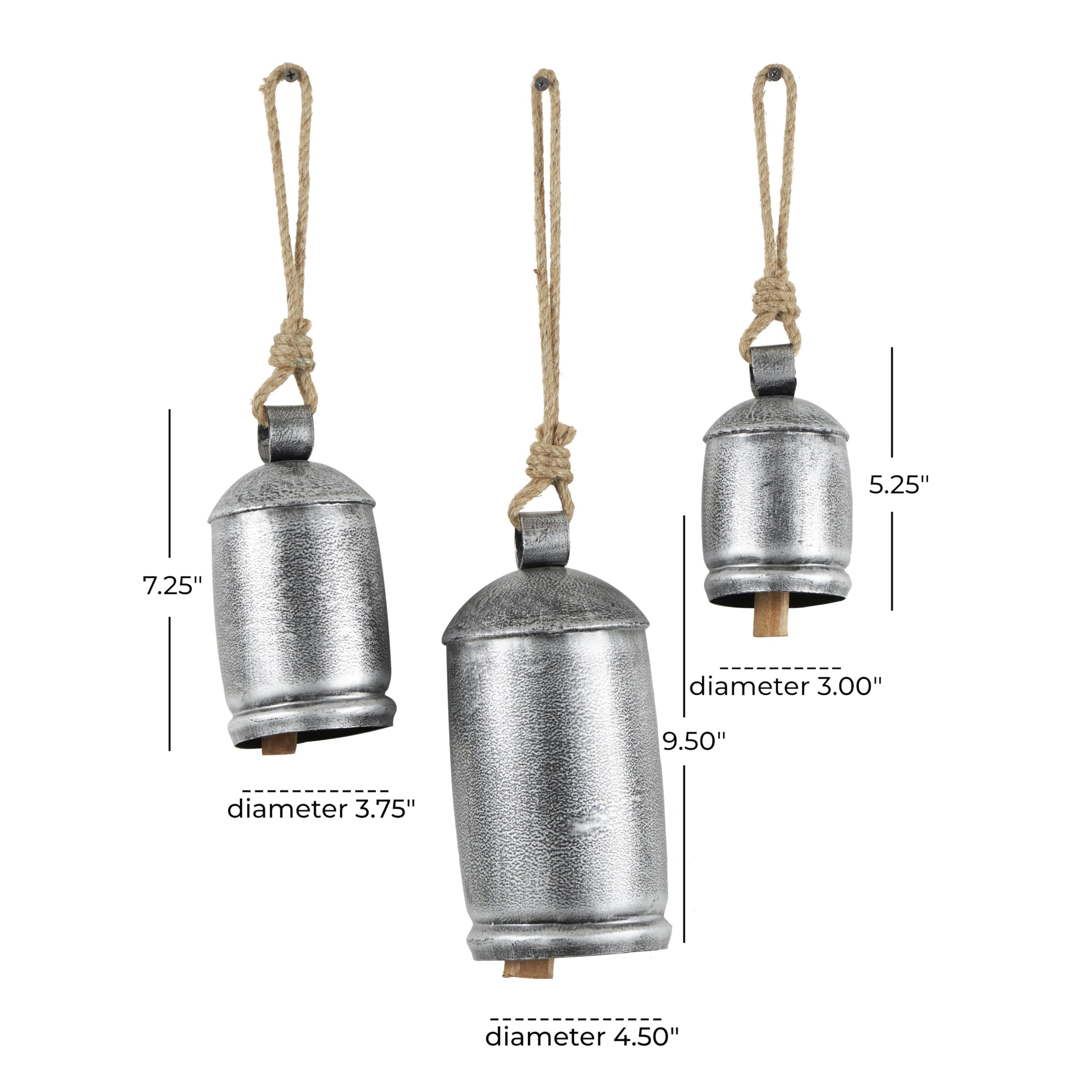 Deco 79 Campanacci decorativi in metallo di ispirazione tibetana con corda di iuta per appendere, set di 3 10",8",6"H, grigio