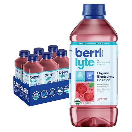 Berri Lyte - Solución de electrolitos orgánicos a base de plantas, bebida de rehidratación pediátrica, sabor a cereza bajo en azúcar, 1 L, 6 unidades