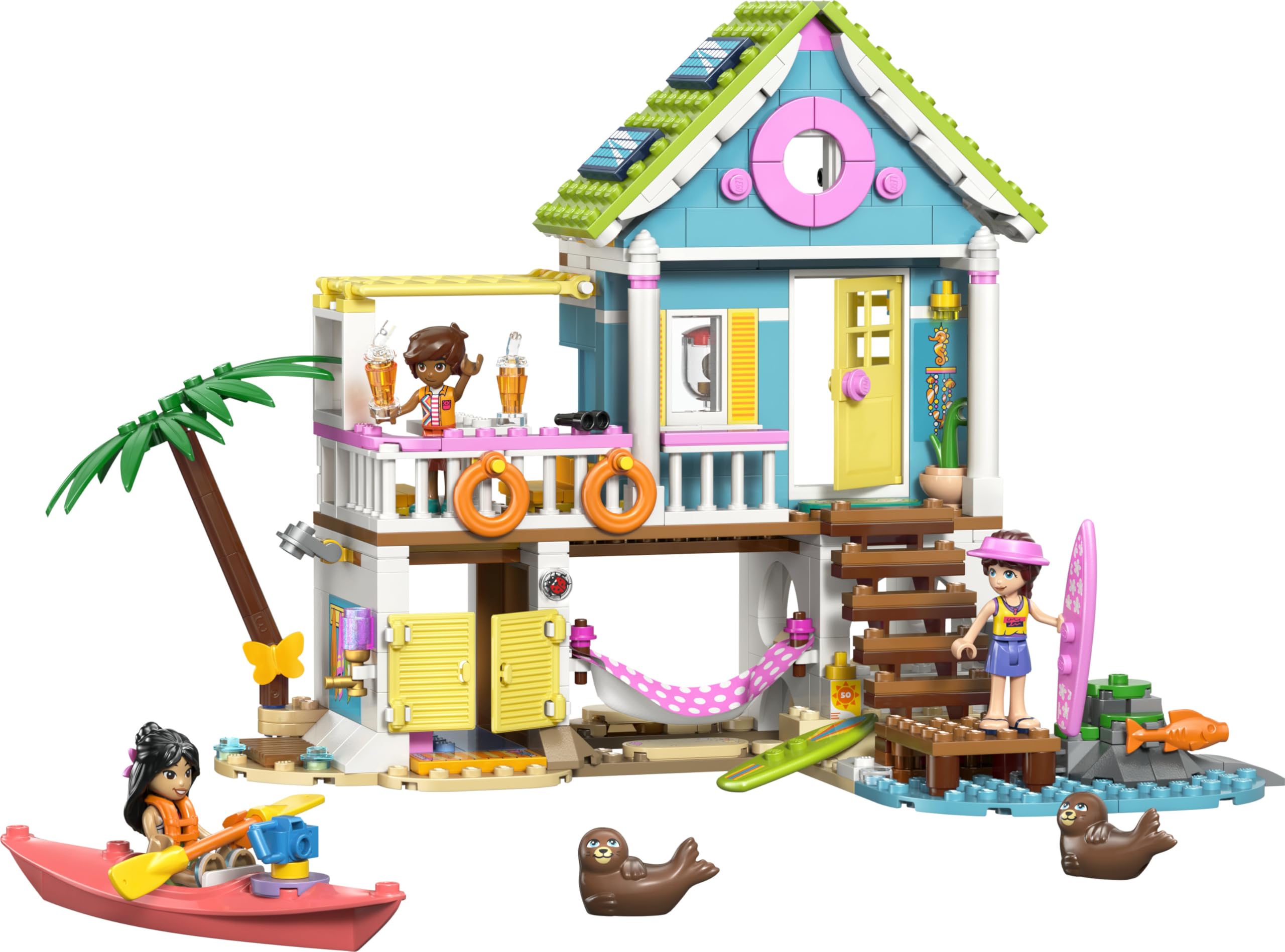 LEGO Friends Casa en la Playa con Focas - Casa de Juguete con 3 Mini Muñecos, 2 Figuras de Animales Marinos y Accesorios inc. Kayak y Tabla de Surf - Regalo de Cumpleaños para Niñas de 7+ Años - 42699