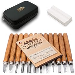 Recubrir Casa De Madera HOLZWURM Juego de herramientas de tallado de madera 12 piezas, con bolsa, instrucciones (EN) y piedra de afilar, juego de cuchillos de tallado ideal para principiantes y profesionales