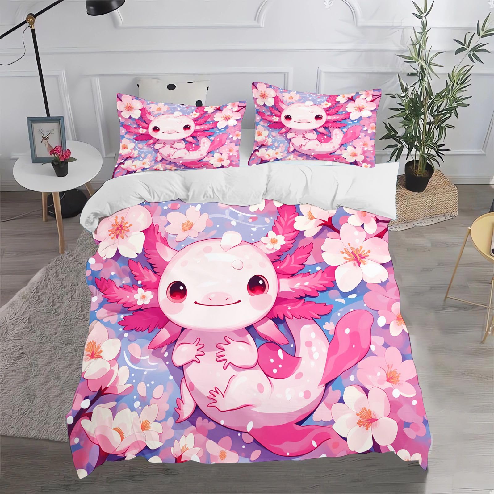Fgolphd Axolotl & Cherry Blossom Duvet Cover Set, Soft Microfiber Single-135x200cm Bedding with Zipper, All Seasons Bedroom Decor