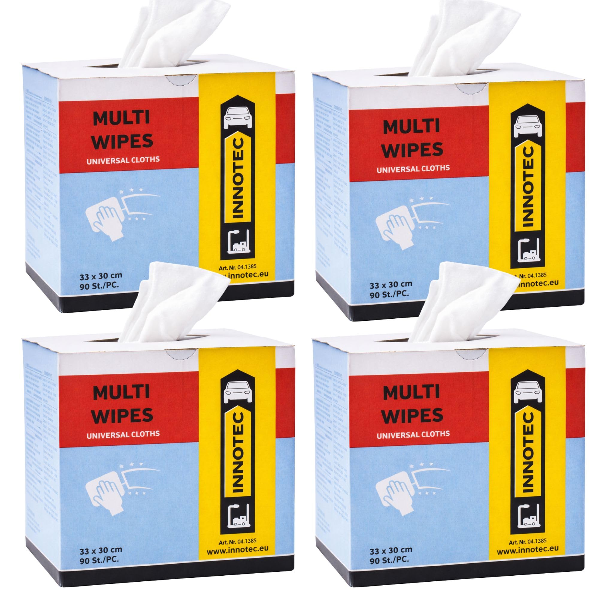 4 Stück INNOTEC Multi Wipes 90 Stück Karton – Profi Universal-Reinigungstücher fusselfrei & reißfest – Kfz Werkstatt Putztücher ideal für Politur, Glas & Entfettung – Saugstark & Chemikalienbeständig