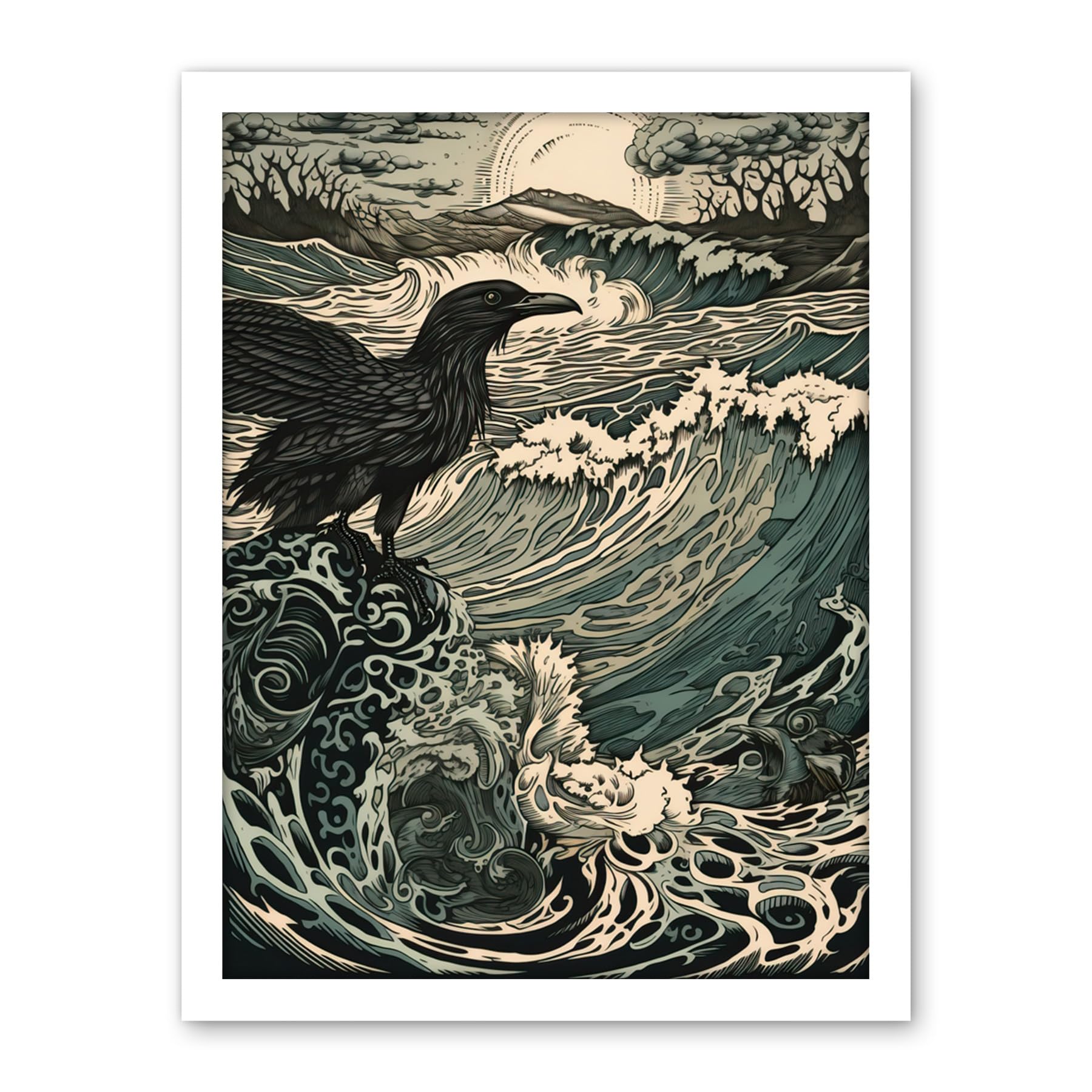 Artery8 Raven and Crashing Waves Coastal Sunrise Landscape Artwork Framed Wall Art Print 18X24 Inch