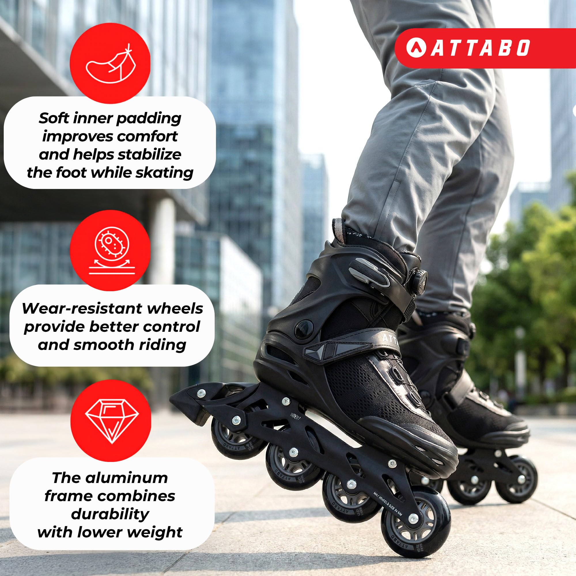 ATTABO OneFoot Fitgo Herren Inlineskates – ABEC-7 Lager, Aluminium-Schiene, Fitgo-System, Bremse – Fitness & Freizeit
