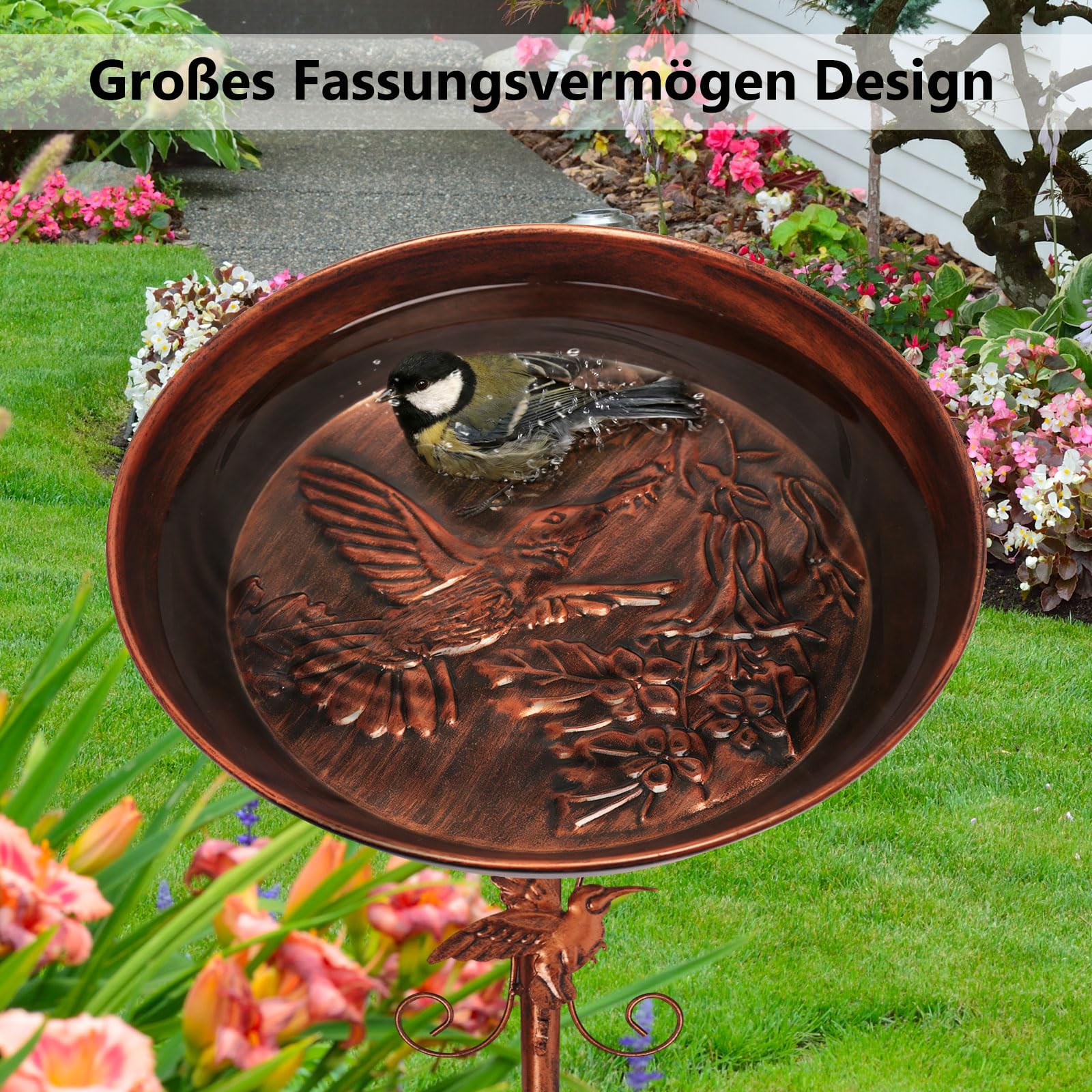 Newthinking Vogeltränke Stehend 39 Zoll, Frostsicheres 3-in-1 Metall Vogelbad mit Vogelrelief, Winterfest für Garten zum Baden, Trinken und Füttern (Antik Bronze)