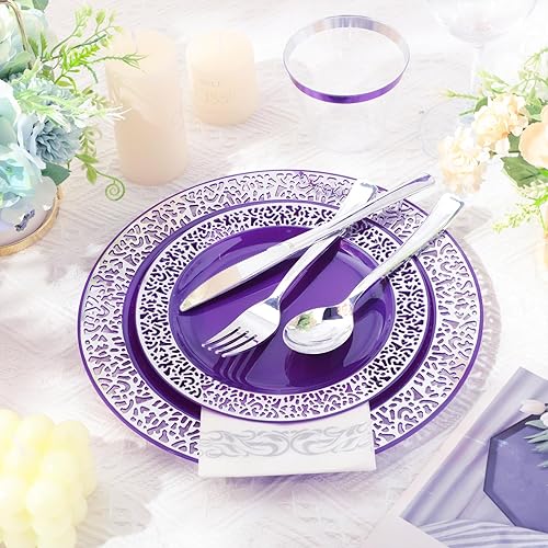 Miniatura 5 de Norme Los juegos de 450 platos de fiesta de plástico morado y plateado incluyen 75 paté de 10.2 pulgadas, 75 platos de postre de 7.5 pulgadas, 75