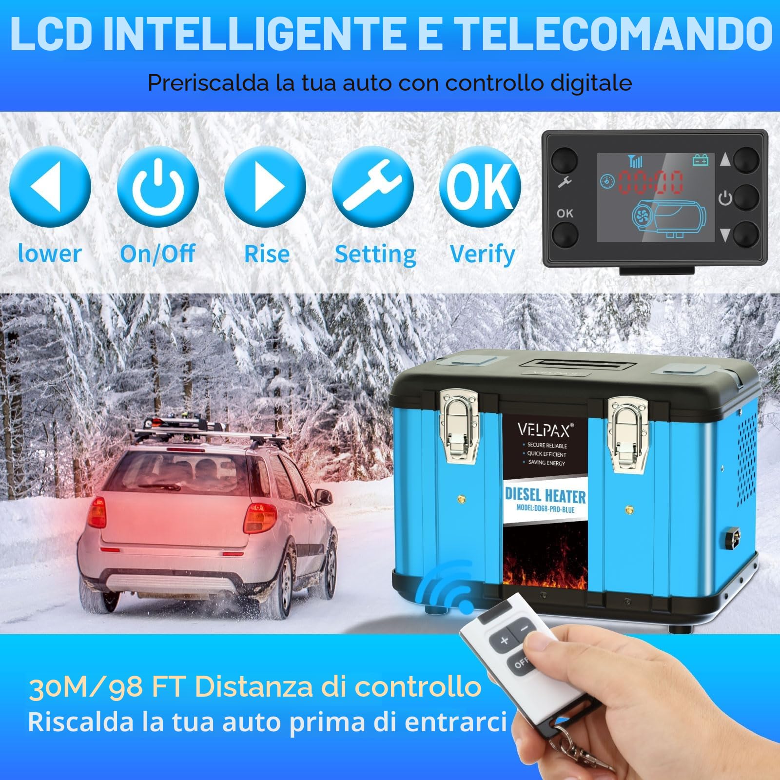 VELPAX Riscaldatore d'Aria Diesel all-in-One 8KW 12V 24V 220V riscaldatore d'Aria Diesel con silenziatore, LCD e Telecomando Riscaldamento rapido per Camper,Macchine,Camion,Barche,Autobus