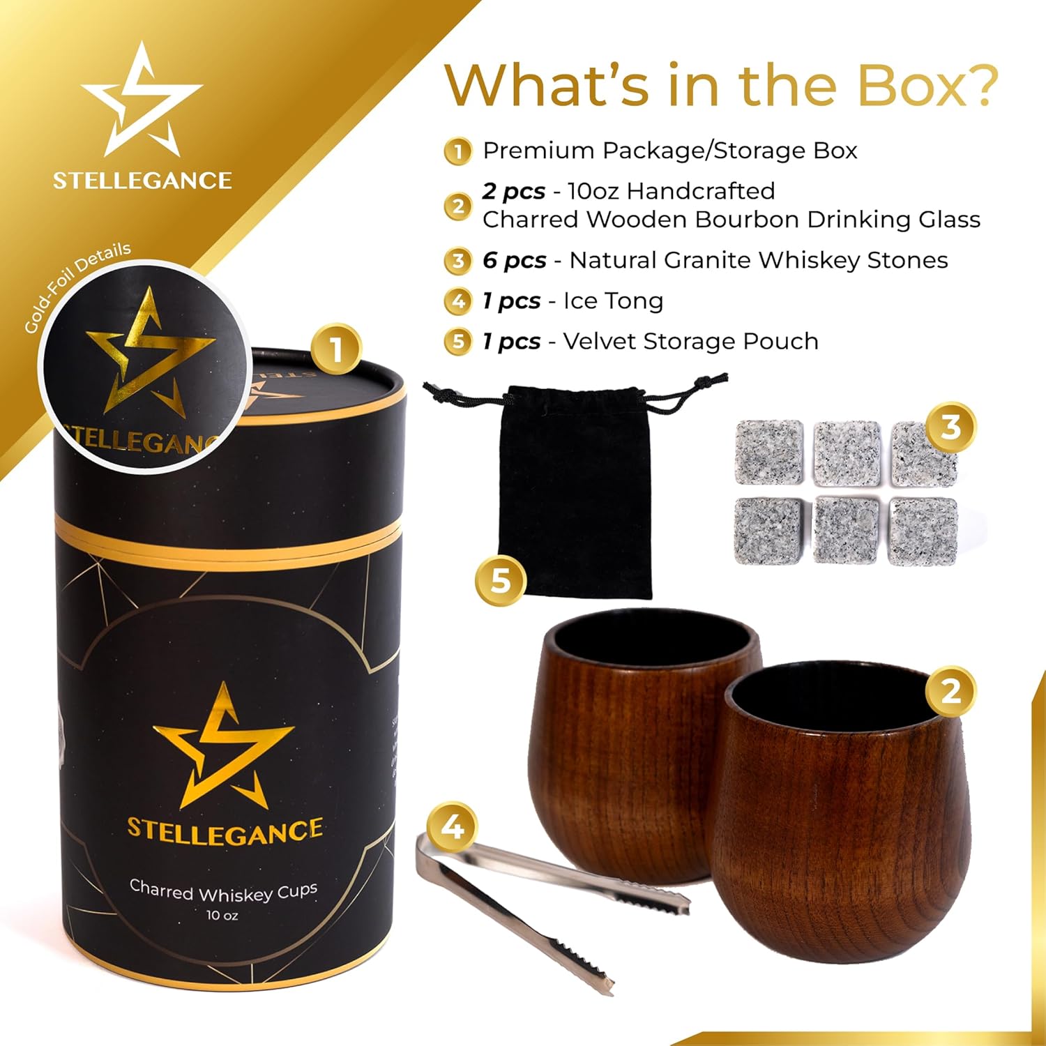 10oz Charred Wooden Whiskey Glass Set - Charred Wooden Bourbon Drinking Glass Gift Set with Whiskey Stones, Tongs, Pouch - Unique Bourbon Gifts for Valentine's Day Men, Him, Husband - Wood Whiskey Cup - Image 4