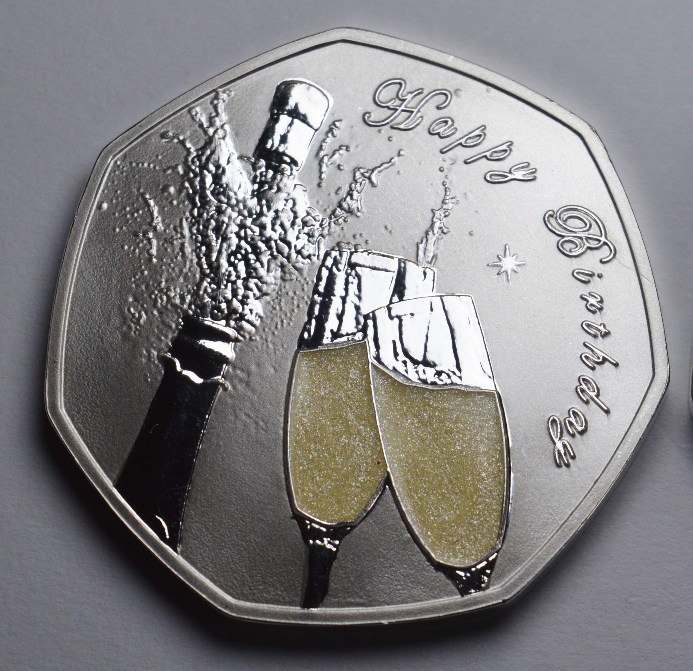 The Commemorative Coin Company 50th Birthday .999 Silver Commemorative '50 & Fabulous' with Epoxy Coating and Glitter/Sparkles. Unique Gift/Present 50 Fifty Years. Champagne/Prosecco