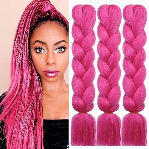 HAIRCUBE Cabello trenzado de color rosa intenso de 24 pulgadas, 3 paquetes de trenzas preestiradas, extensiones de cabello sintético trenzado de