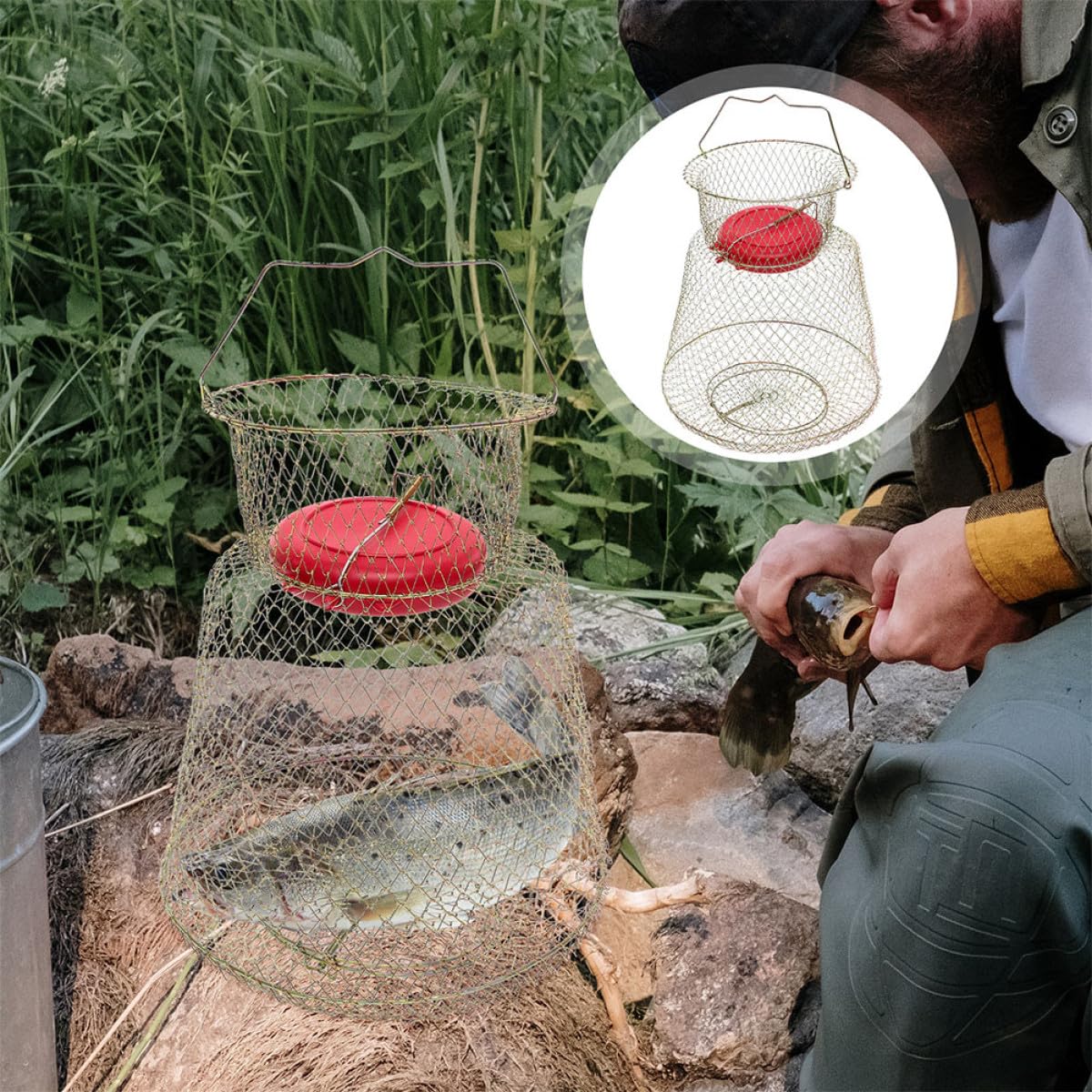 Abaodam Cesto per Pesci Pieghevole in Filo di Acciaio Zincato Galleggiante Cestino Metallico per Pesca e Granchi Accessorio Portatile per Pescatori e Uso Outdoor