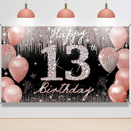 Decoración de cumpleaños número 13 para niñas, pancarta de fondo de feliz cumpleaños 13, color oro rosa, cartel de fiesta de cumpleaños de 13 años,