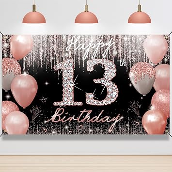 13th Birthday Decoration for Girls, Happy 13th Birthday Backdrop Banner Rose Gold, Sweet 13 Year Old Birthday Party Yard Sign Photo Booth Props Decor Supplies, Sturdy, Vibrant Colors, Fabric, PHXEY