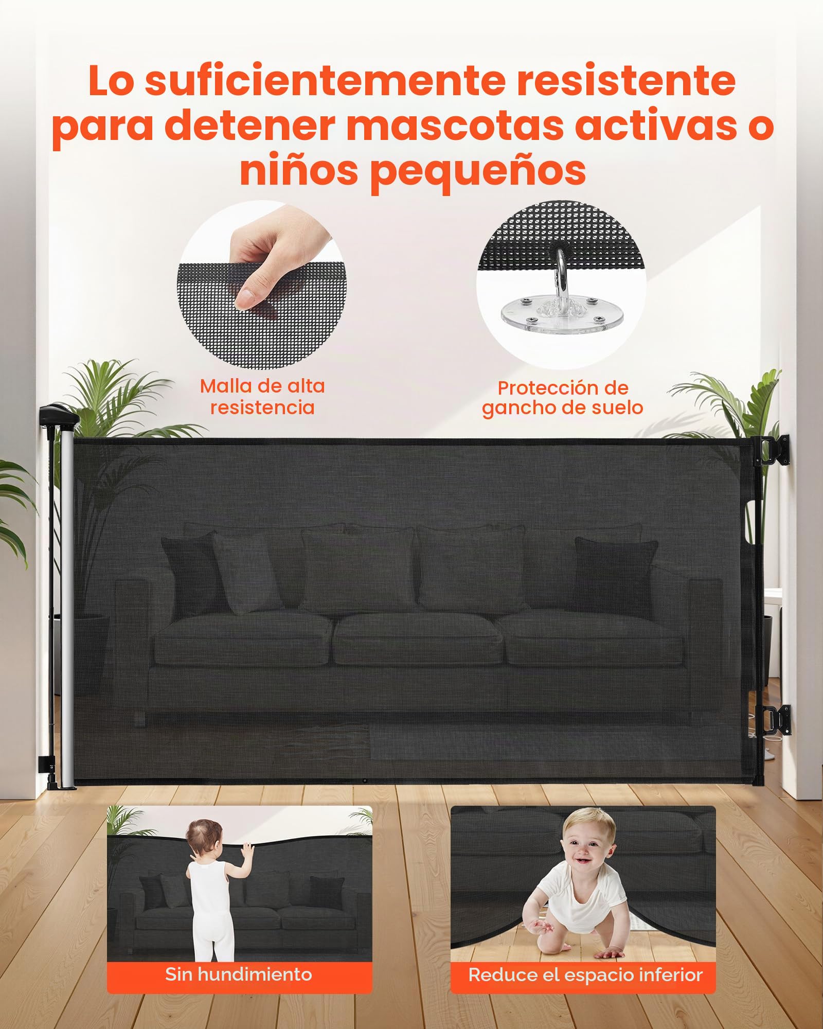 VEVOR Puerta Retráctil 2020x1045 mm, Barrera de Seguridad para Perros con Cierre, Puerta de Malla Permite el Paso sin Tropiezos, para Escaleras Interiores, Puertas, Pasillos, Salas de Juegos, Negro