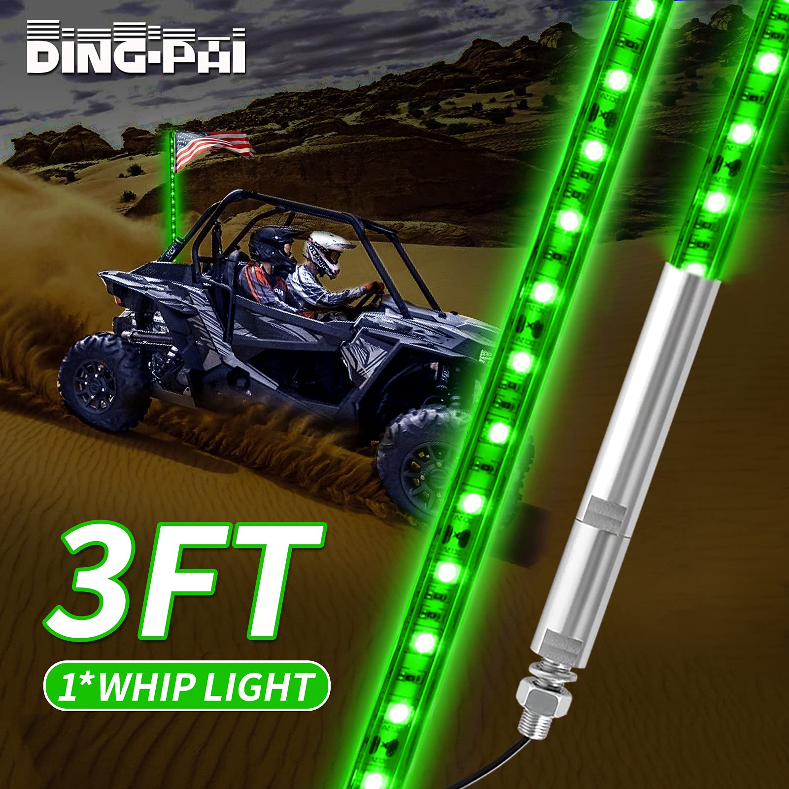 LED Green led Light Poles for Truck Safety Whip Lights Antenna Whips Lamp with Flag for ATV UTV Offroad Sand Dune Buggy RZR Truck Can 4X4 Side by Side (Green, 3 ft - Pack of 1)…