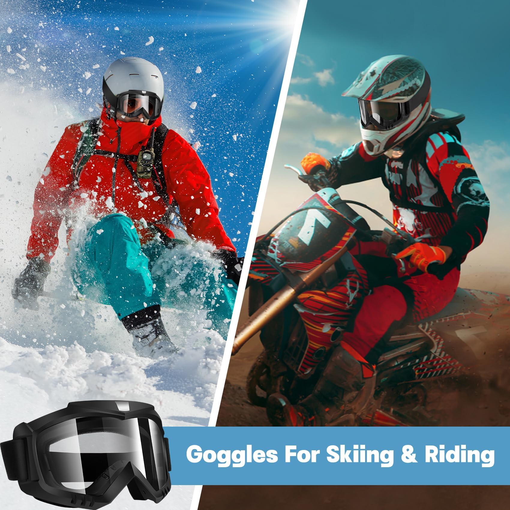 Paquete de 2 gafas de motocross para motocicleta, ATV, equitación, esquí, gafas de carreras a prueba de viento