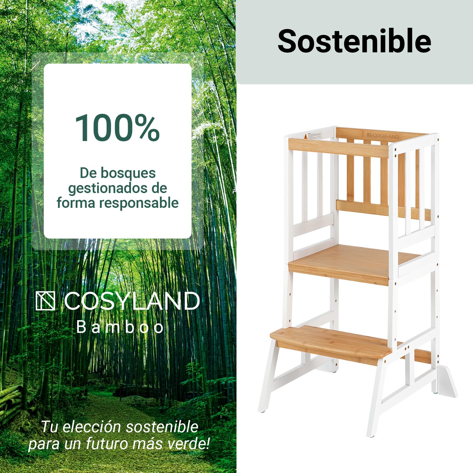 COSYLAND Torre de Aprendizaje Montessori para Niños 1-6 Años - 3 Niveles Altura Regulable Blanco Natural