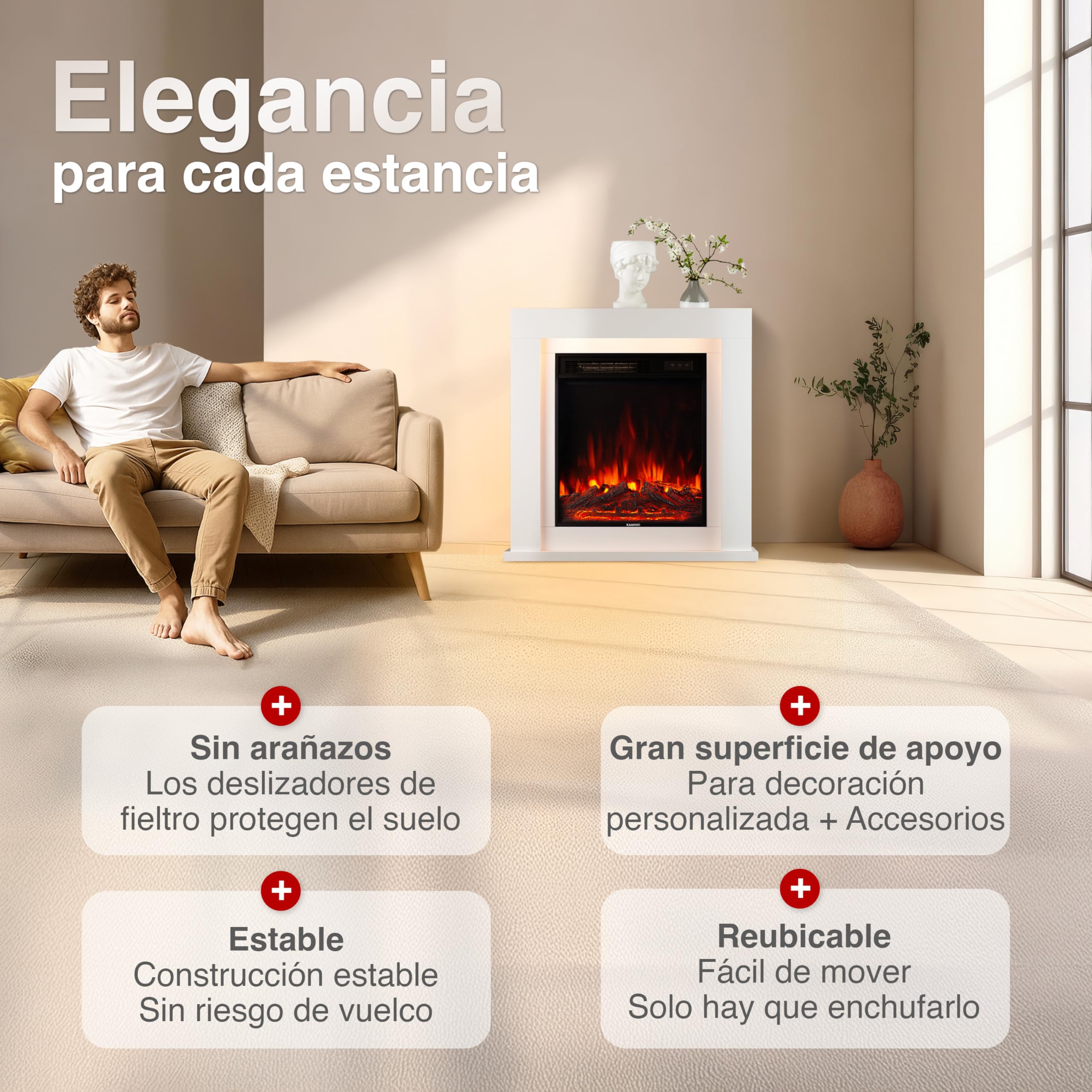 KAMINIO Chimenea eléctrica Matti - Chimenea eléctrica de pie con calefacción, Efecto de Llama 3D, Luz Ambiental LED, Control Remoto - 32 Pulgadas (Blanco)