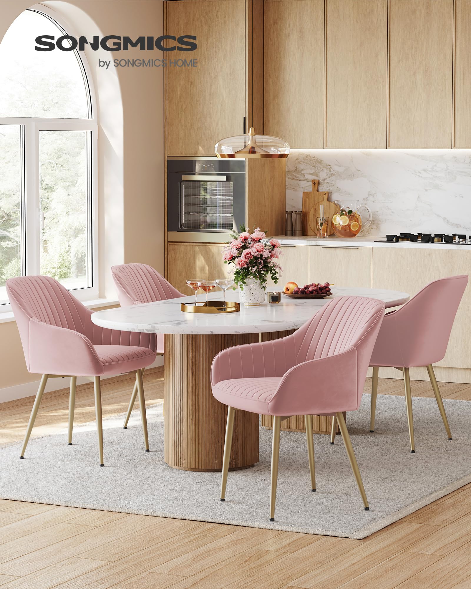 SONGMICS Sedia da Pranzo, Sedia da Cucina, Poltrona in Velluto Imbottita con Braccioli, Regge 120 kg, Gambe in Metallo, per Sala da Pranzo, Cucina, Rosa Pastello e Dorato Pallido LDC087R01