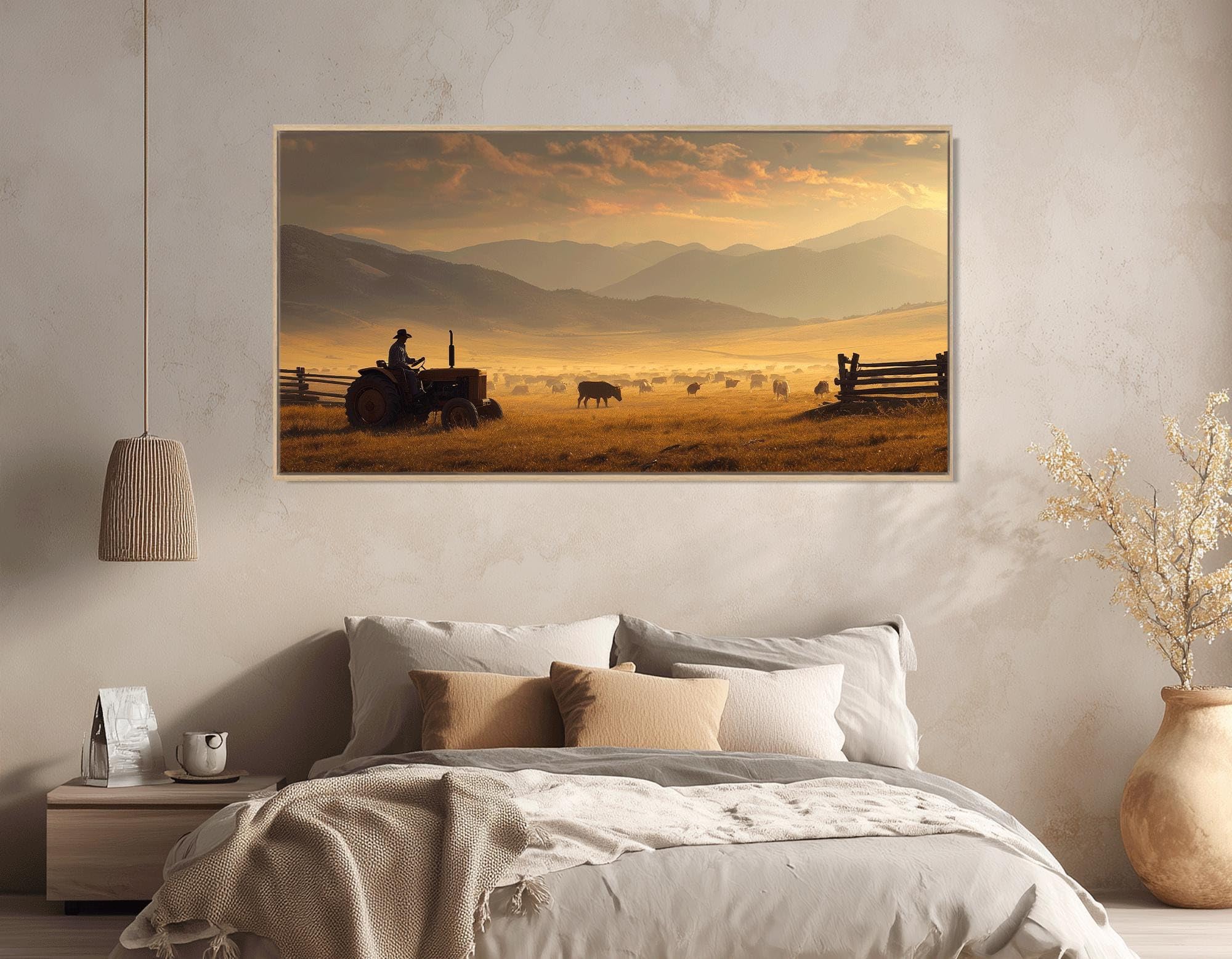 LMYCHENG Obrazy na płótnie z motywami kowbojskimi ranczo traktory plakaty pasące się krowy sztuka ścienna do salonu obraz dekoracyjny do domu (30 x 60 cm / rama wewnętrzna)