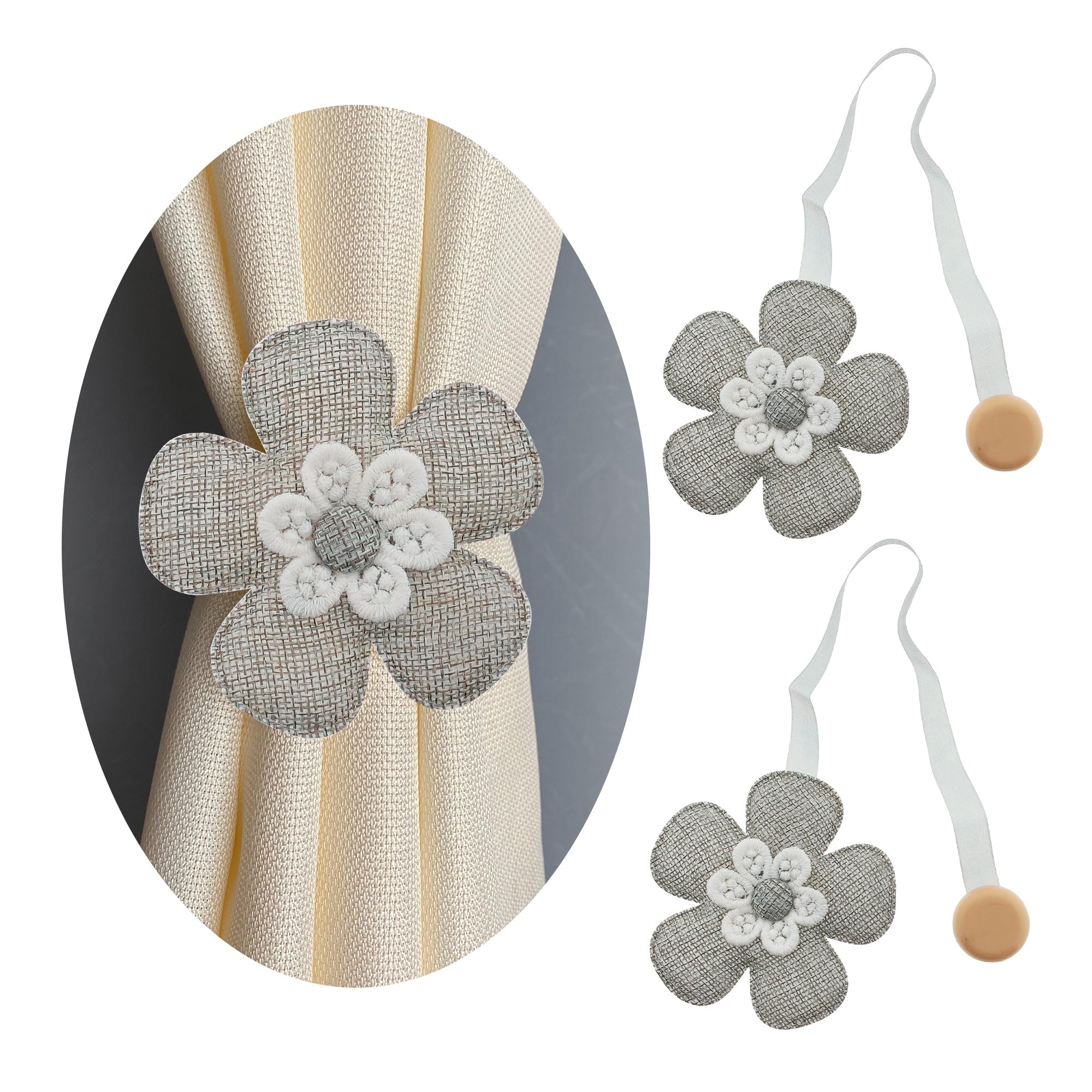 GIRASOLE HOME Fermatenda in Stoffa a Forma di Fiore con Magneti 2 Pezzi, Grigio
