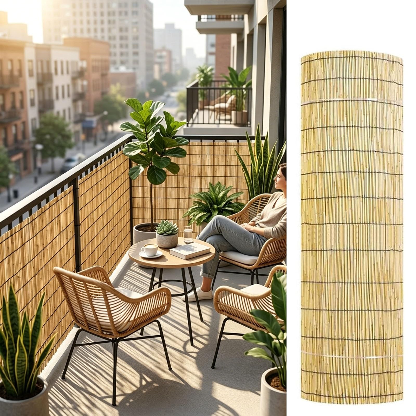 Outdoor Balcony Privacy Screen Bamboo Fence Roll, Natural Reeds Fencing Panel for for Garden Patio Backyard, Renter Friendly Bamboo Reeds Fencing 100 120 150 180cm(Natural,H120xL400cm)
