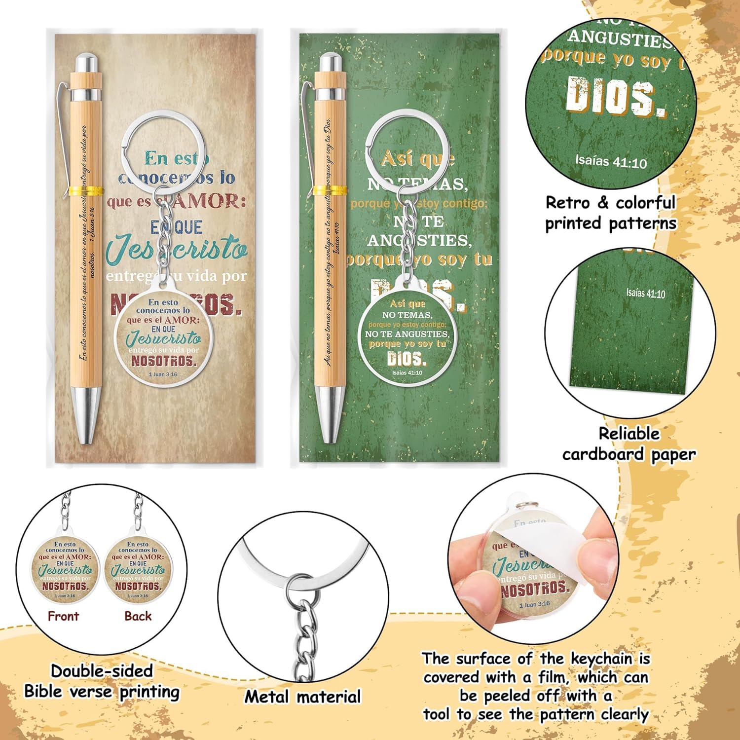 ANGOLIO Spanish Christian Retro Religious Gifts - 230P Easter Spring Gift Regalos Cristianos En Español Bible Verse Bamboo Pen Keychain Bookmark Inspirational Stationary for Women Men VBS Church Favor