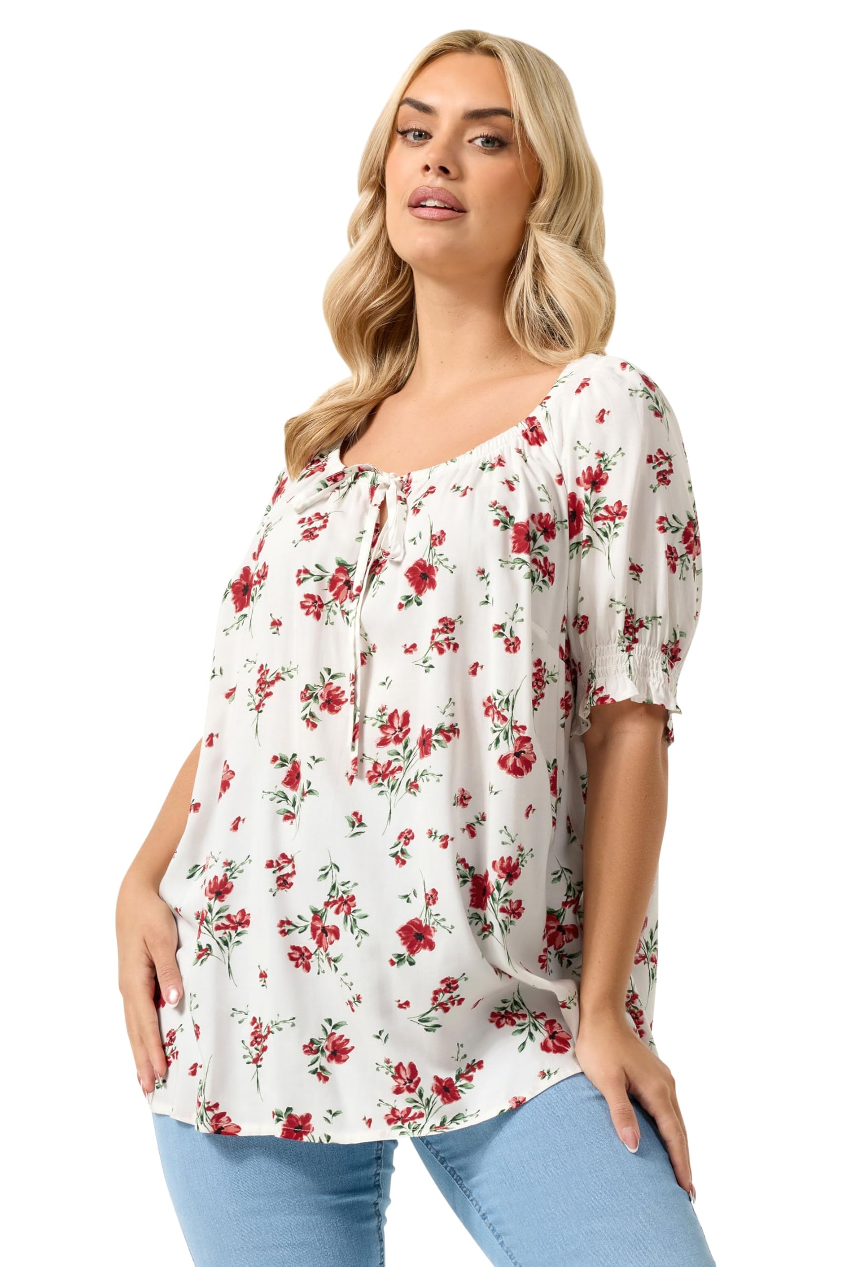 Yours Women's White Floral Print Tie Neck Top In | Size: 20