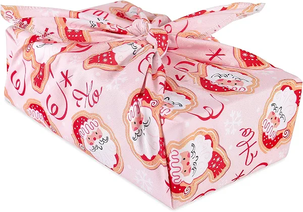 RUSPEPA 26" Reusable Christmas Cloth Wrap, 1 Fabric Wrap with Santa Cookie, Ho Ho Ho, Snowflake Design on Natural Cotton, Pink Cute Cloth Reusable Gift Wrapping for Girls Holiday, Housewarming Gifts
