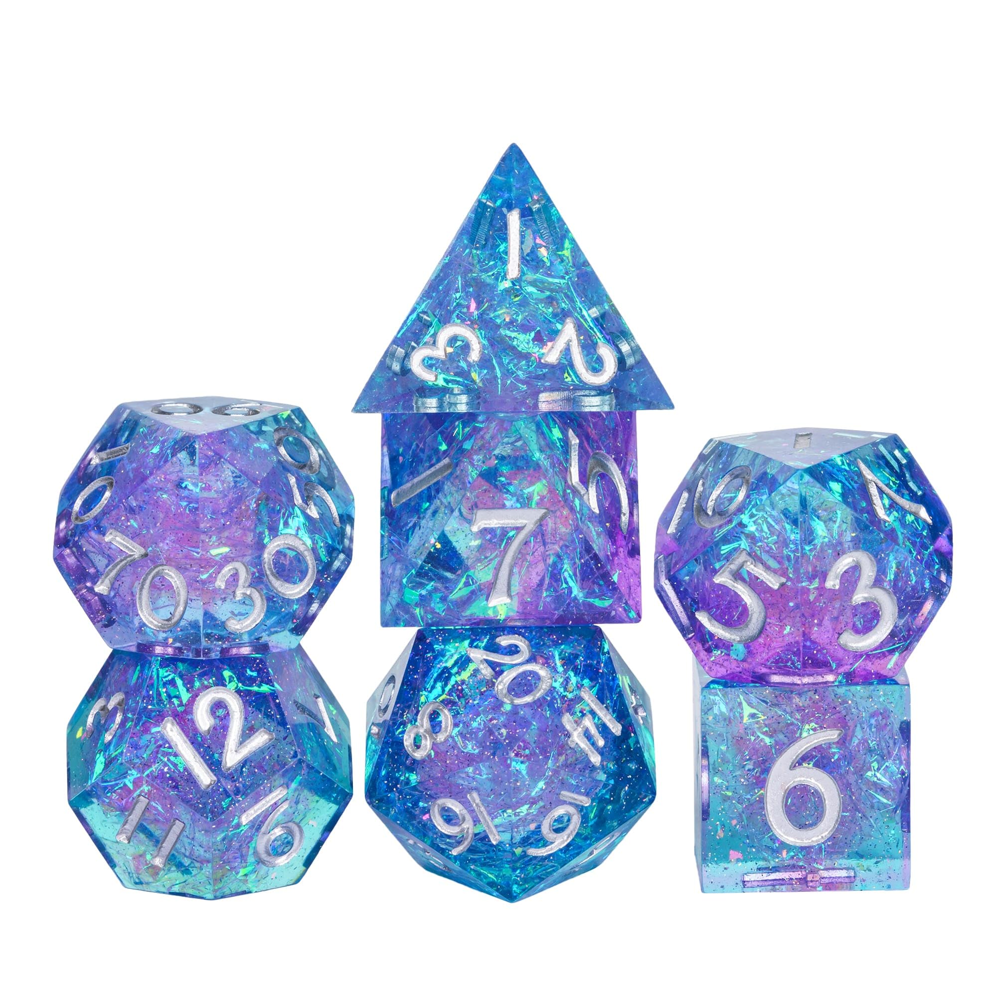 Lot de 7 dés DND, faits à la main à bords tranchants (violet et