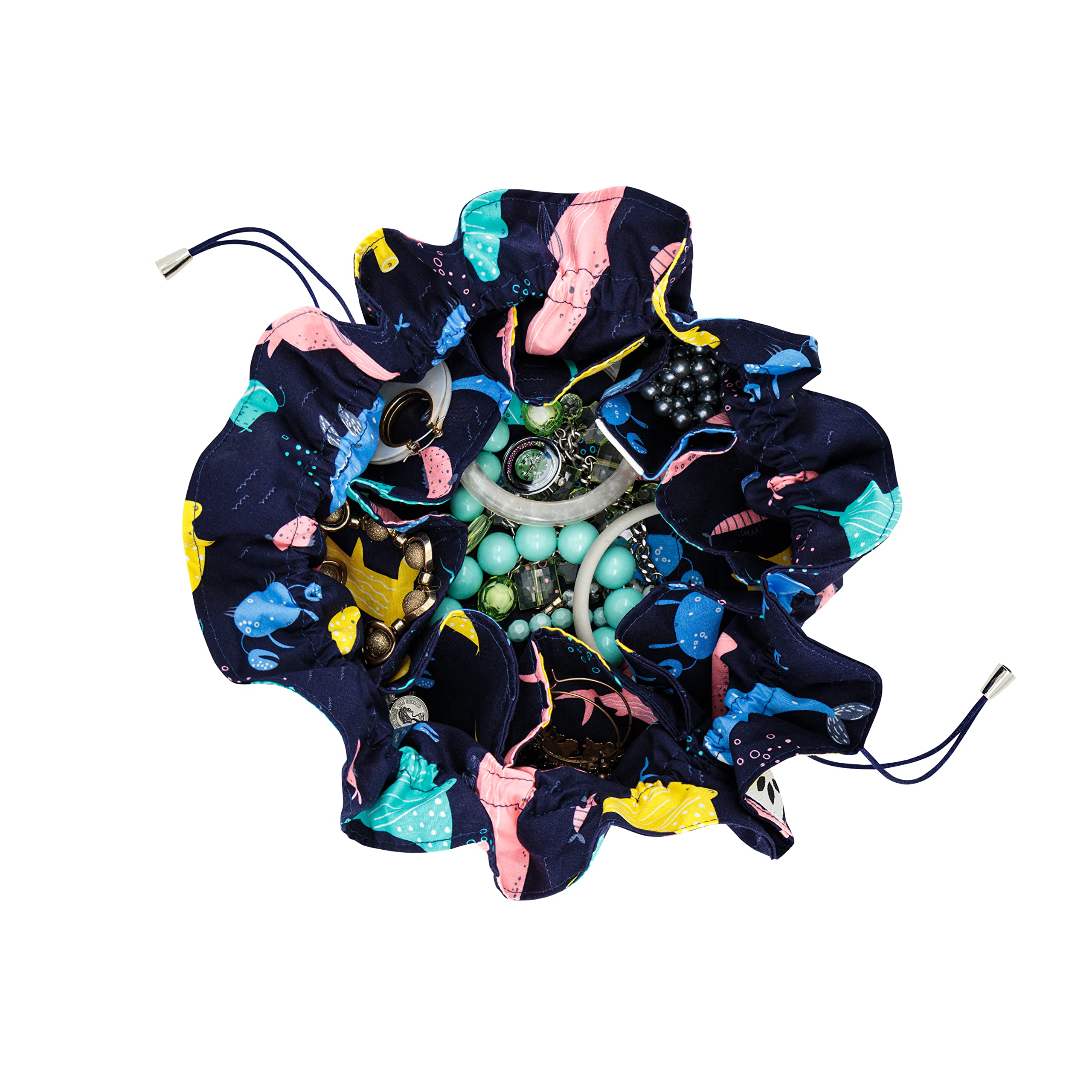 Soleil Jewellery Bag/Pouch For Kids - Handmade - Marine Environ Life Print, 100% Sustainable Cotton Printed Fabric, Colour Navy Blue - Size 40.5x40.5 cm (LxW)