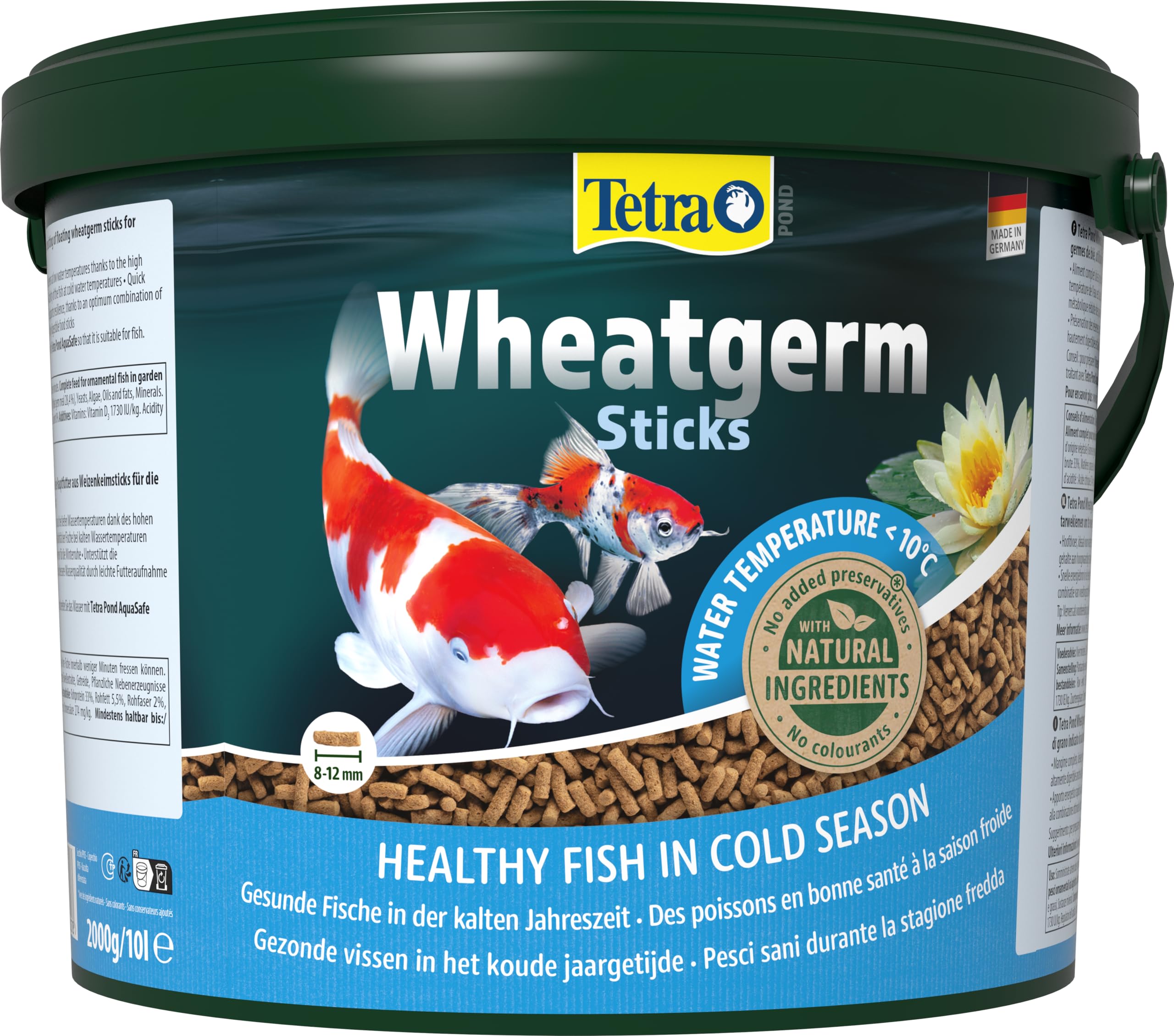 Tetra Pond Wheatgerm Sticks, Alimento rico en fibra para todos los peces de estanque, especialmente adecuado para temperaturas de agua frías (primavera, otoño), cubo de 10 L