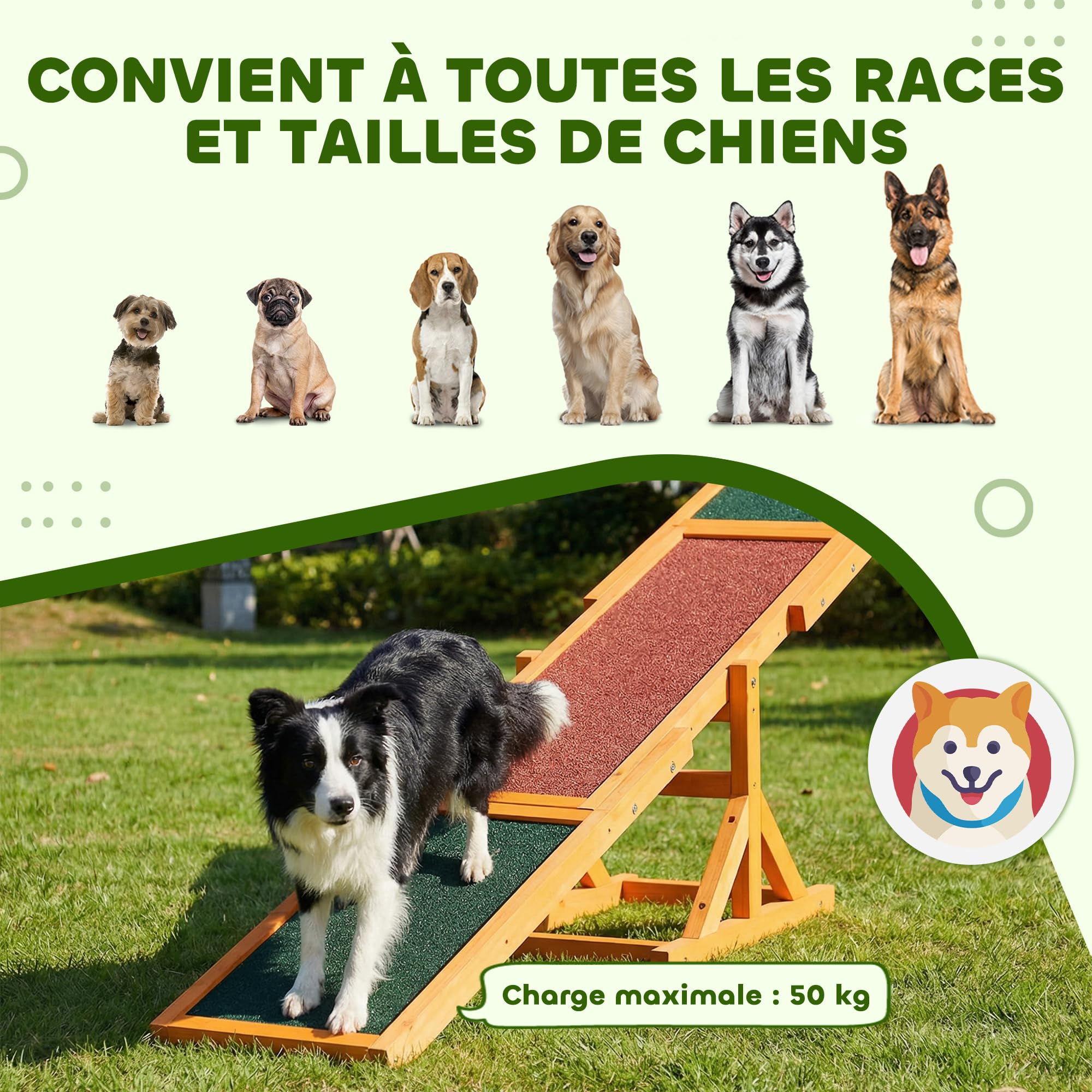PawHut Agility Sport dla psa przechylanego - Zakrętka dla psa - sprzęt treningowy dla psa - drewno jodła wstępnie naoliwione antypoślizgowe bitumiczne cegła zielona