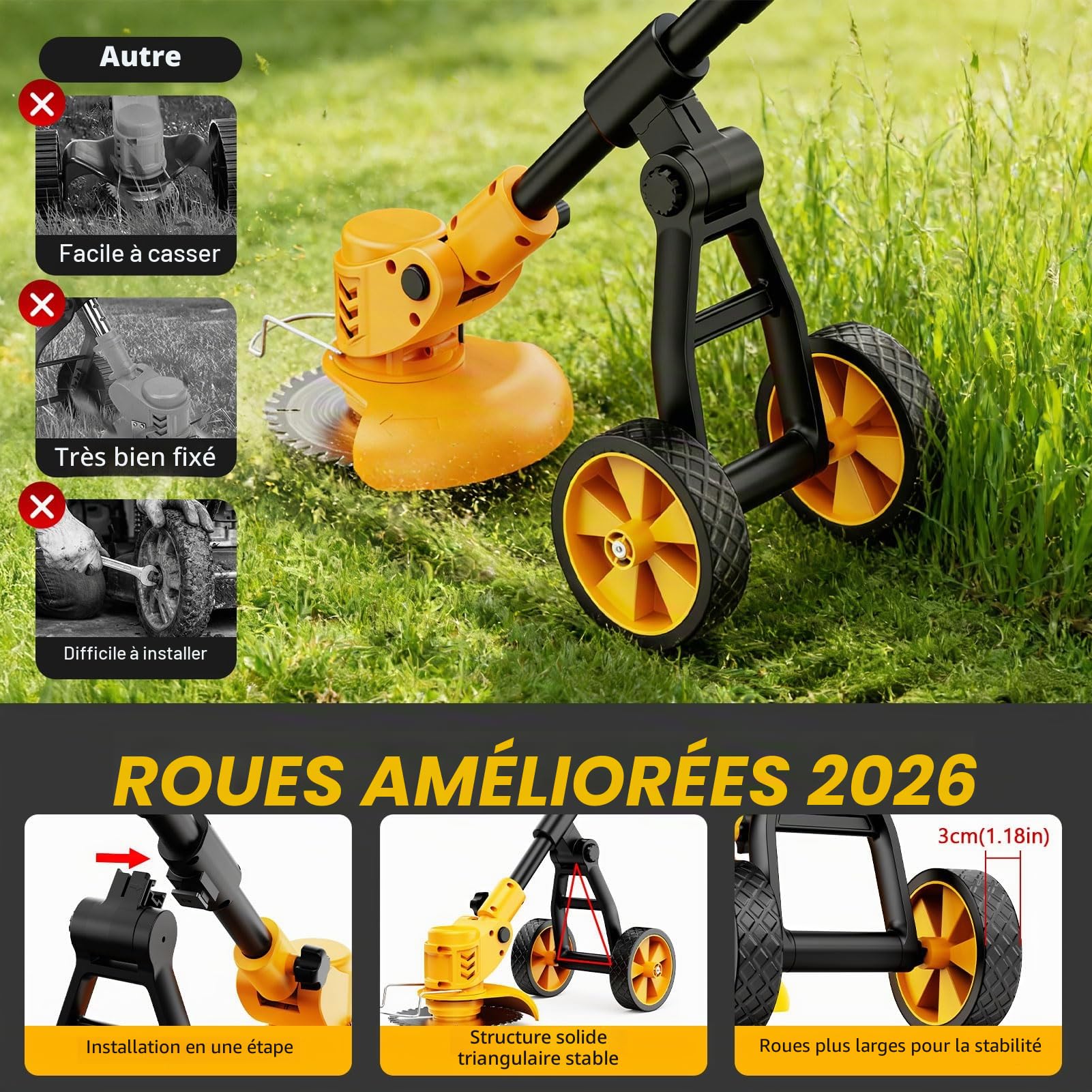 Debroussailleuse Electrique sans Fil 21V avec 2 Batteries, Coupe Bordure sans Fil avec Chargeur et Roues Amovibles, Coupe Bordure sans Fil avec Batterie pour Tondre Le Jardin et la Pelouse.