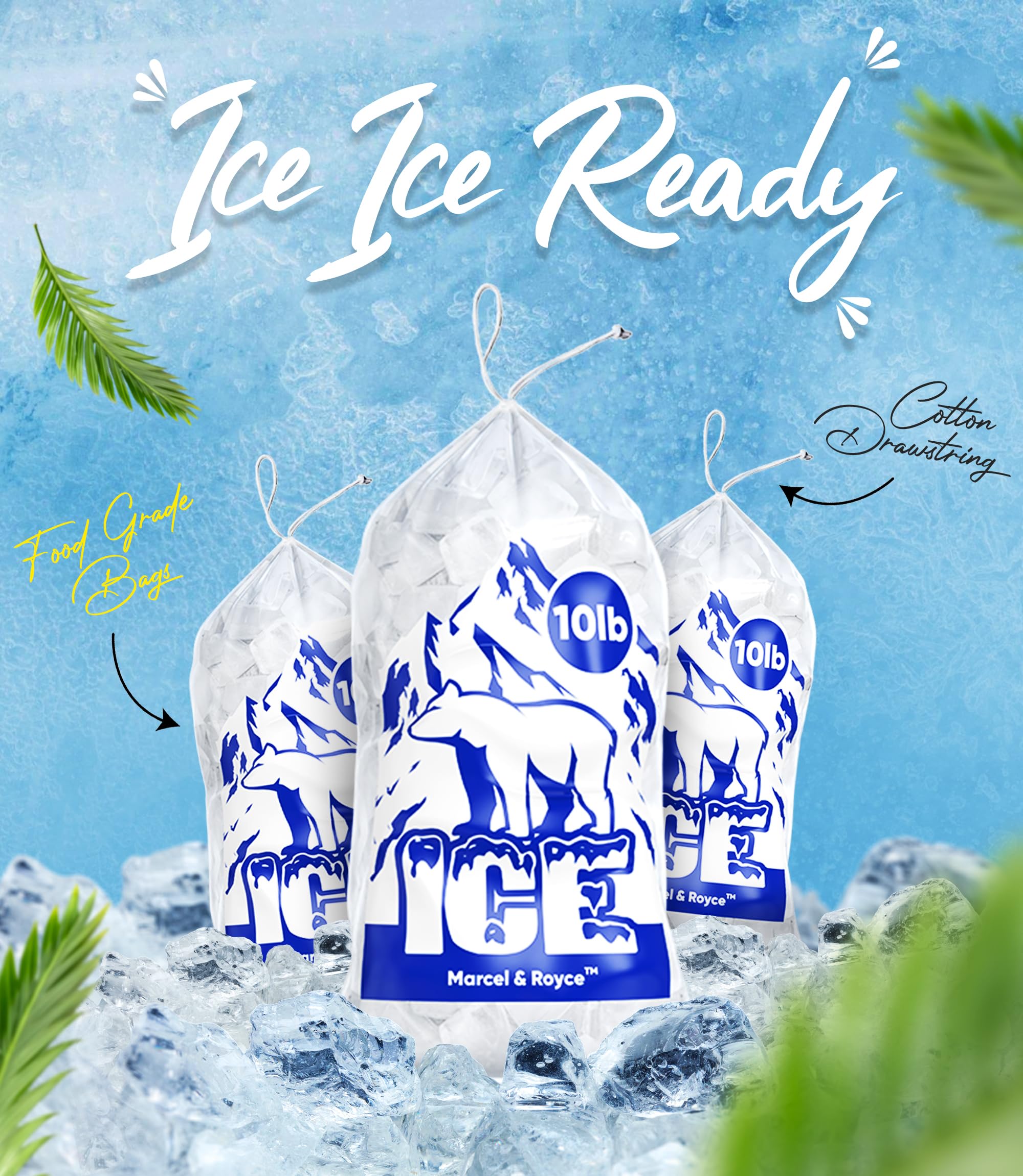 Marcel & Royce Plastic Ice Bags With Drawstring - 10 LB 100 Pack | Clear Cube Bags for Storing Ice | Heavy Duty Bags for Ice Machine | Reusable BPA FREE