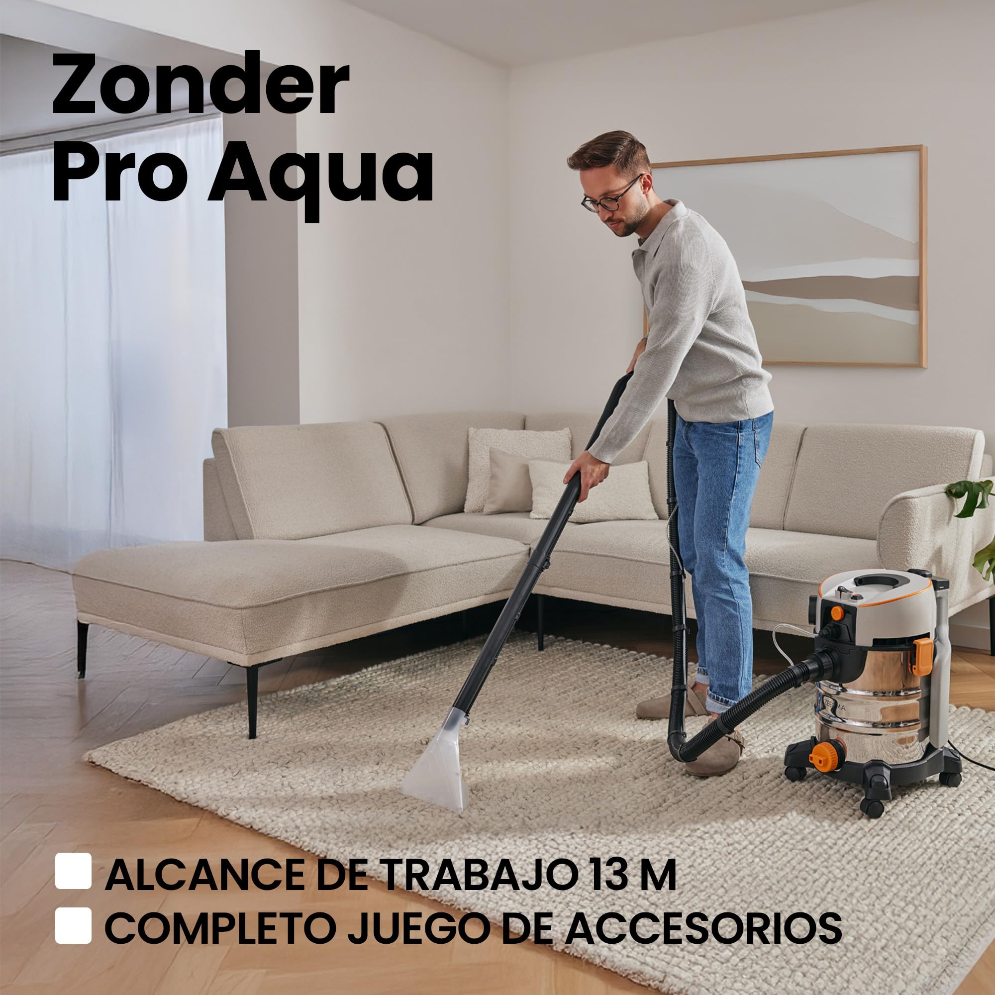 Zeegma ZONDER Pro Aqua Aspirador en seco y húmedo 1400 W, para Alfombras Coche Tapicería Escaleras, Depósito de Agua Limpia de 4 L, Juego de Filtros y Boquillas de Lavado