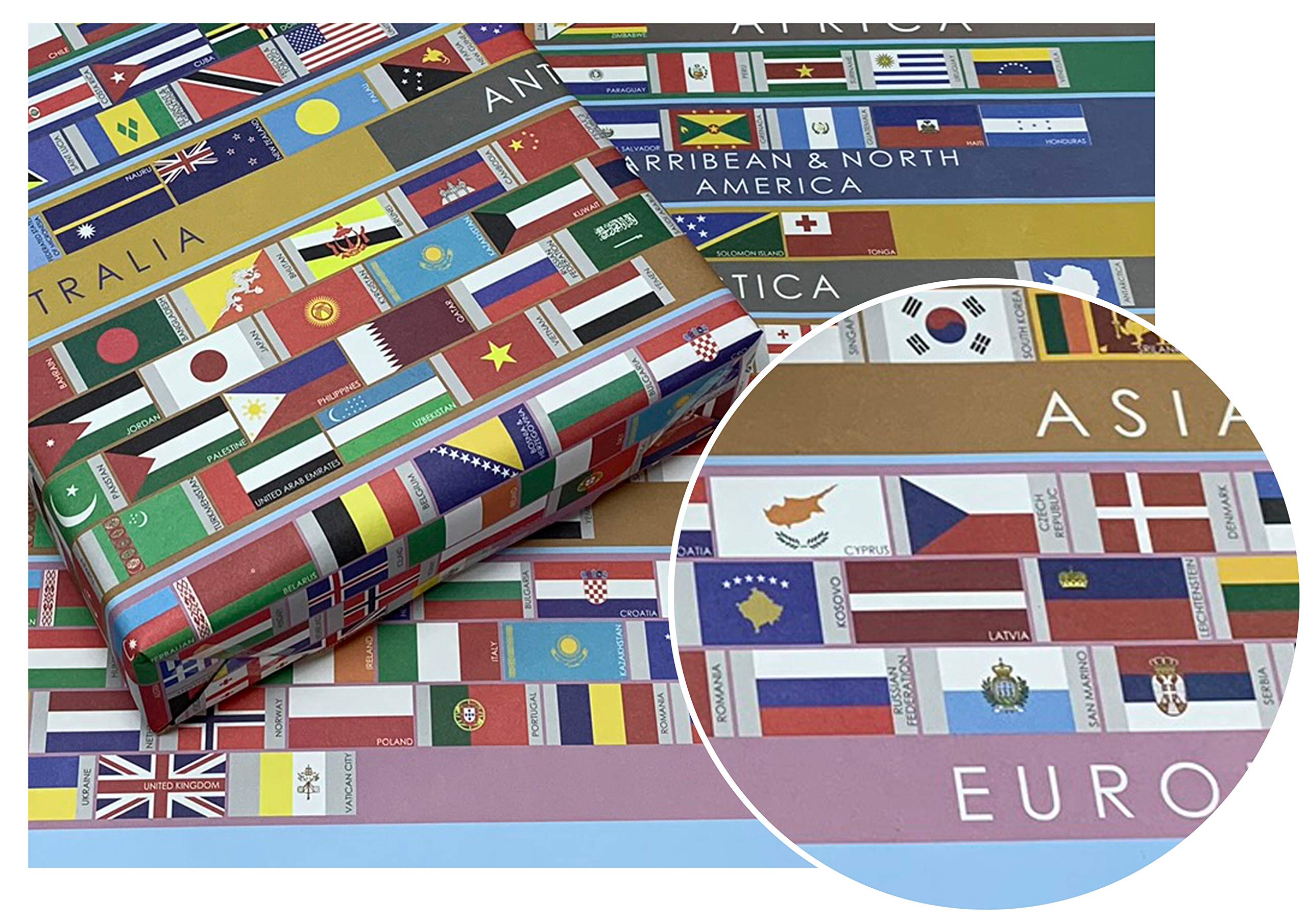 eVincE Wrapping Paper Pack of 10 Recyclable Gift Wrapping Paper | World Flags Paper for Veteran Holiday Birthday | 70x50cm Fact Filled Global Flag Design Sheets