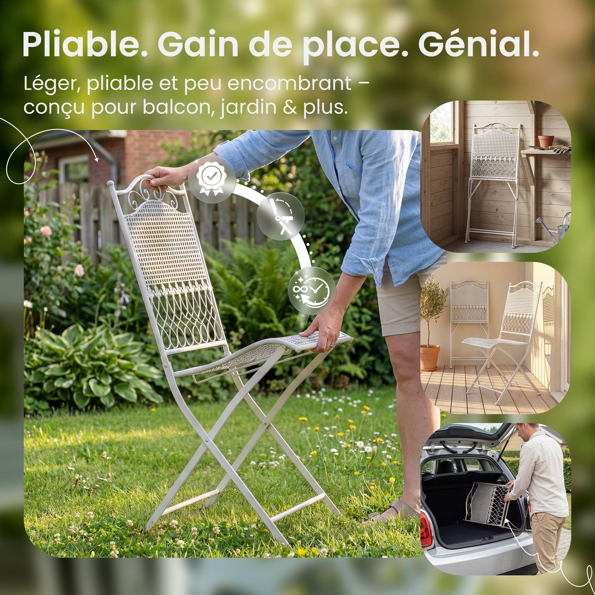 CLP Lot de 2 chaises de Jardin Pliantes Kiran, en Fer forgé Style Art Nouveau, romantiques pour terrasse, Balcon, Jardin, Couleur:Blanc