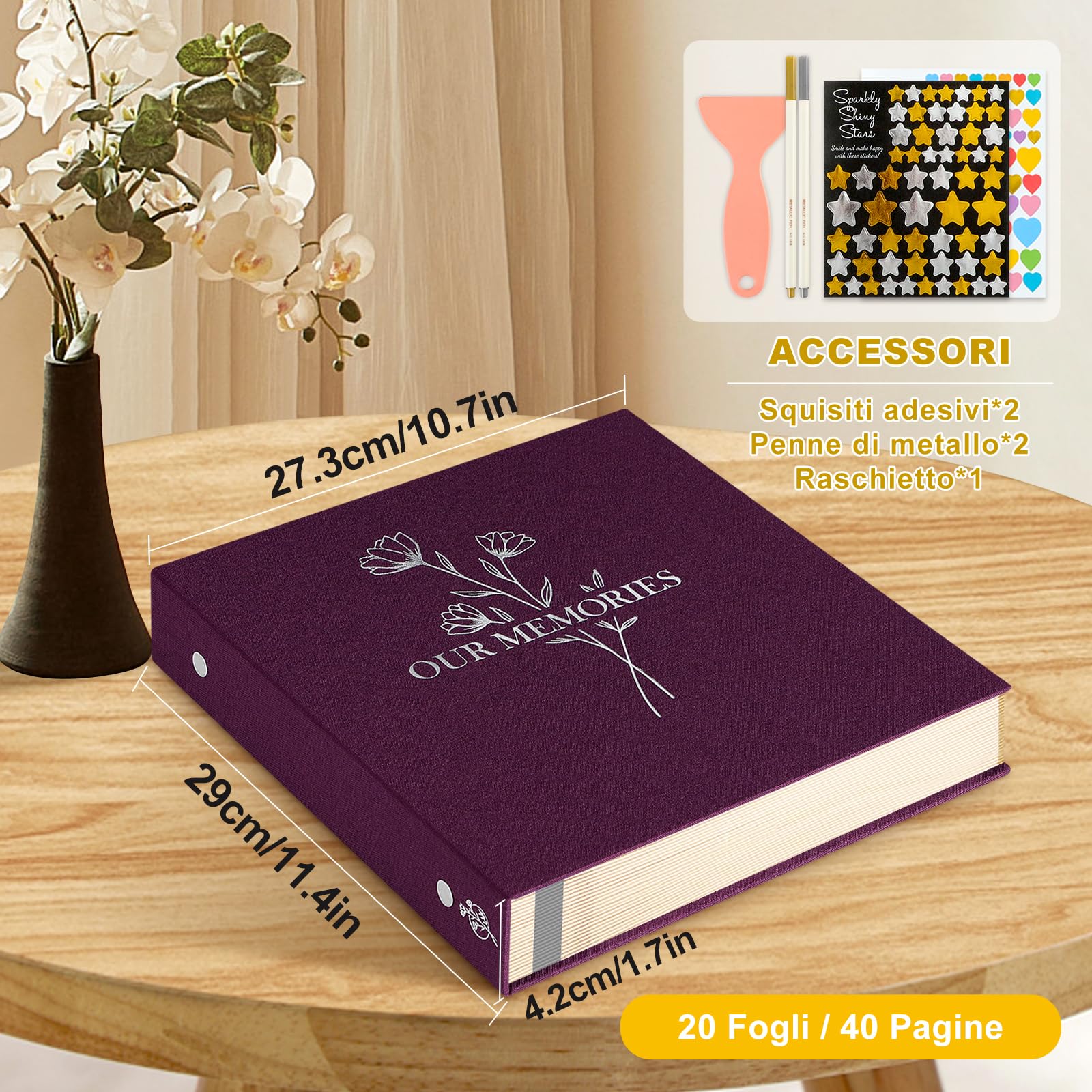Lanpn Album fotografico autoadesivo, Piccolo OURMEMORIES album di foto in lino pagine magnetiche appiccicose, contiene diverse dimensioni 10x15cm 13x18cm immagini A5 (20 fogli / 40 pagine, Viola)