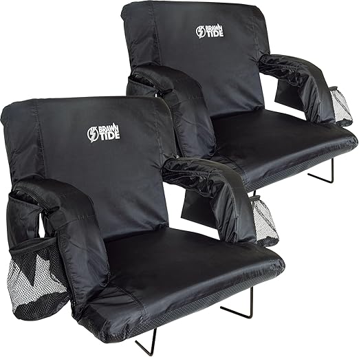 BRAWNTIDE Stadium Seat with Back Support - Comfy Cushion, Thick Padding, 2 Steel Bleacher Hooks, 4 Pockets, 2 Cup Holders, Reclining Back, Ideal Chair for Sport Events, Beaches, Camping, Concerts