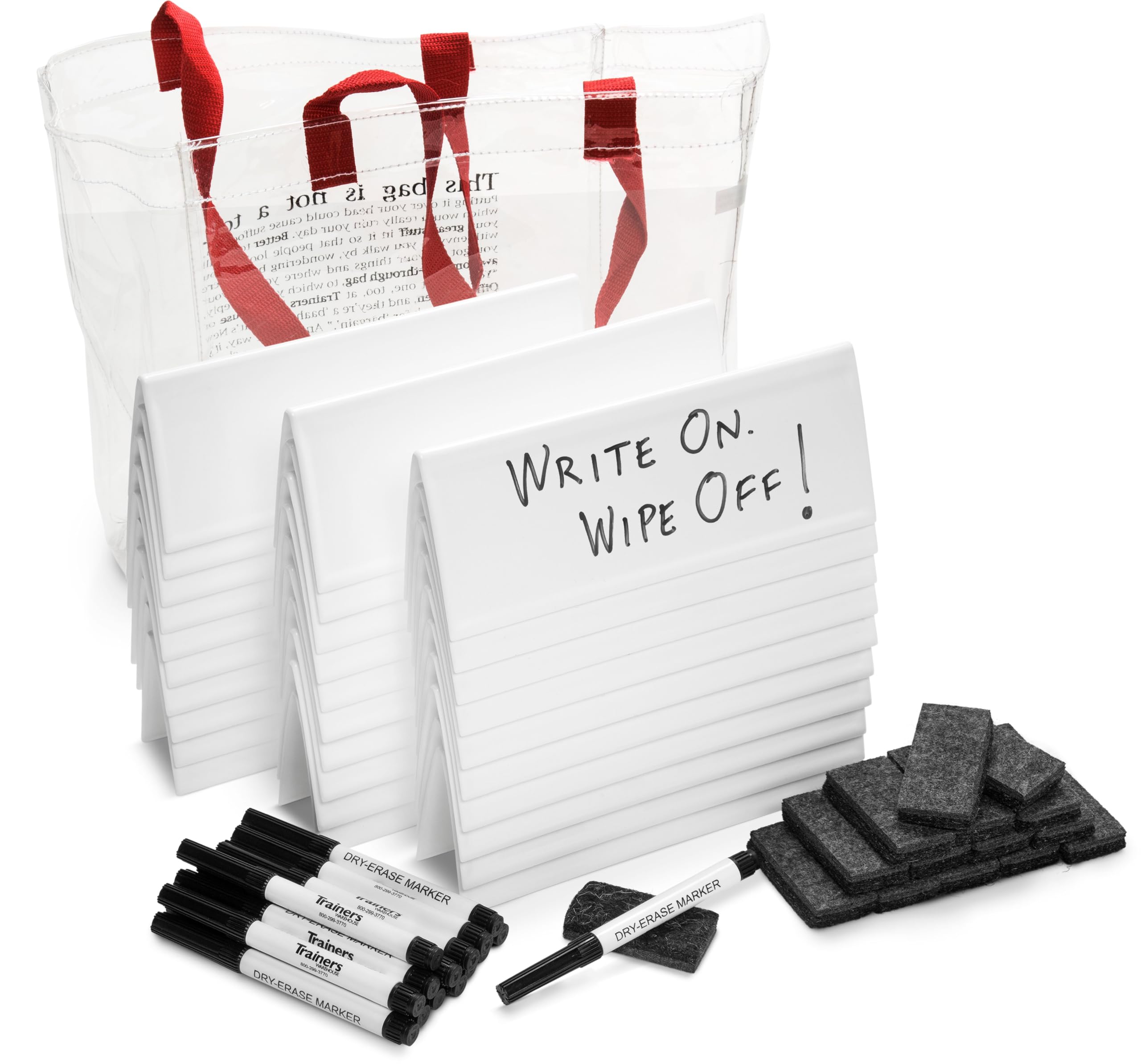 Trainers Warehouse Heavy Duty Premium Set of 30 Dry-Erase Name Cards | Space-Saver (8.75" x 3.5") 2-Sided Reusable White, Dry-Erase Tent | Set Includes, Name Cards, Markers, Mini-Erasers & Tote