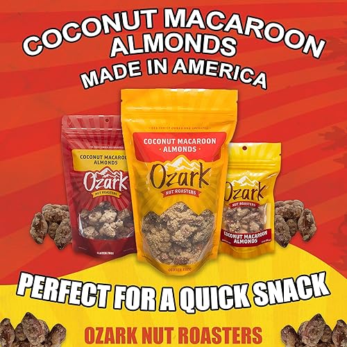 Miniatura 4 de OZARK NUT ROASTERS, Almendras de macarrón de coco, nueces saborizadas, cacahuetes confitados gourmet de clase mundial, paquete resellable de 7 onzas