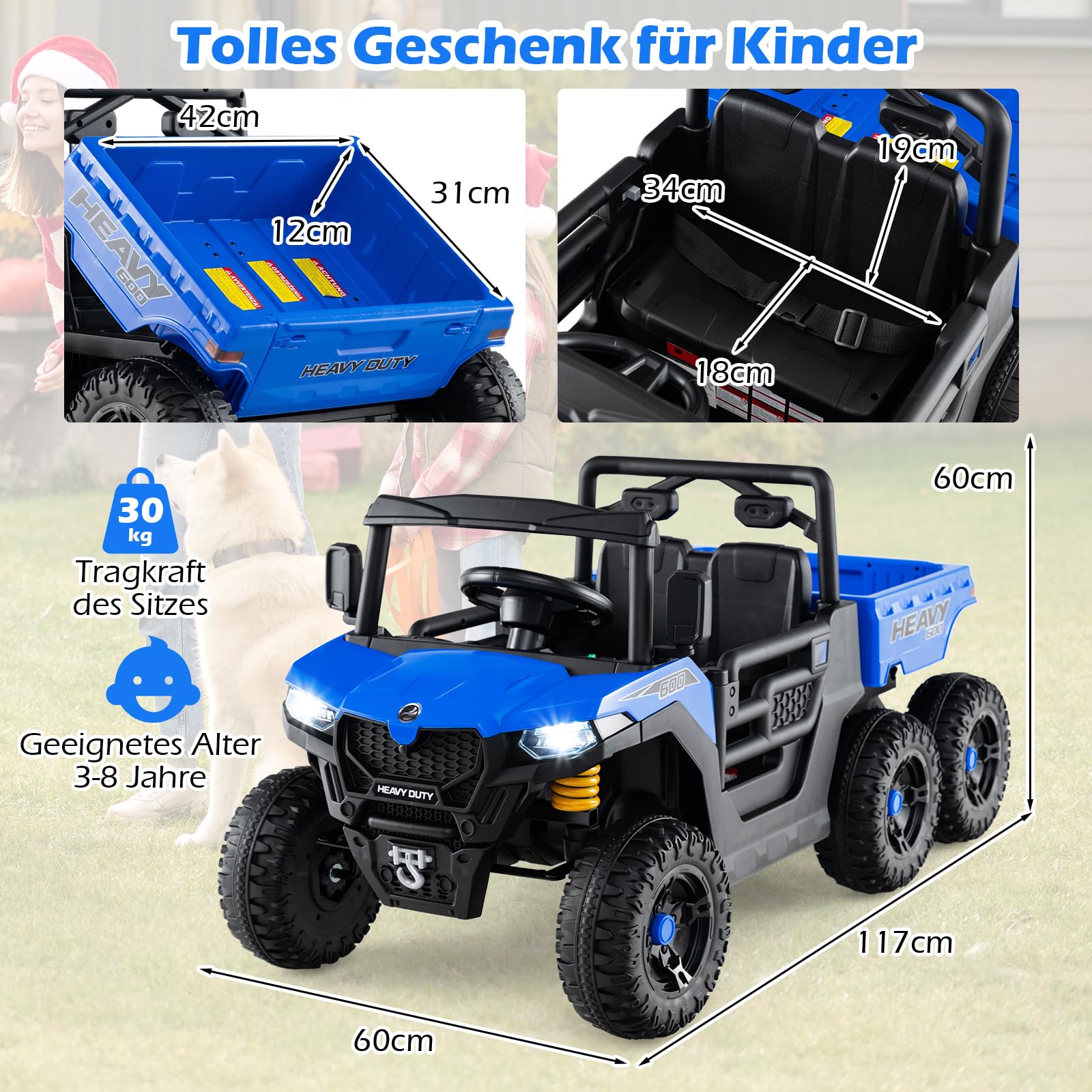 COSTWAY 24V Kinder Elektroauto, Kinderauto mit elektrischer Kippmulde & Fernbedienung, Kinderfahrzeug mit Musik, Geschichten, LED-Lichter & Federung, Elektrofahrzeuge für Kinder ab 3 Jahren (Blau)