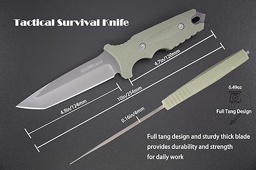 Miniatura 2 de WILDWITNESS - Cuchillo táctico de hoja fija de espiga completa, hecho de acero inoxidable 440C y mango antideslizante de fibra de vidrio de goma